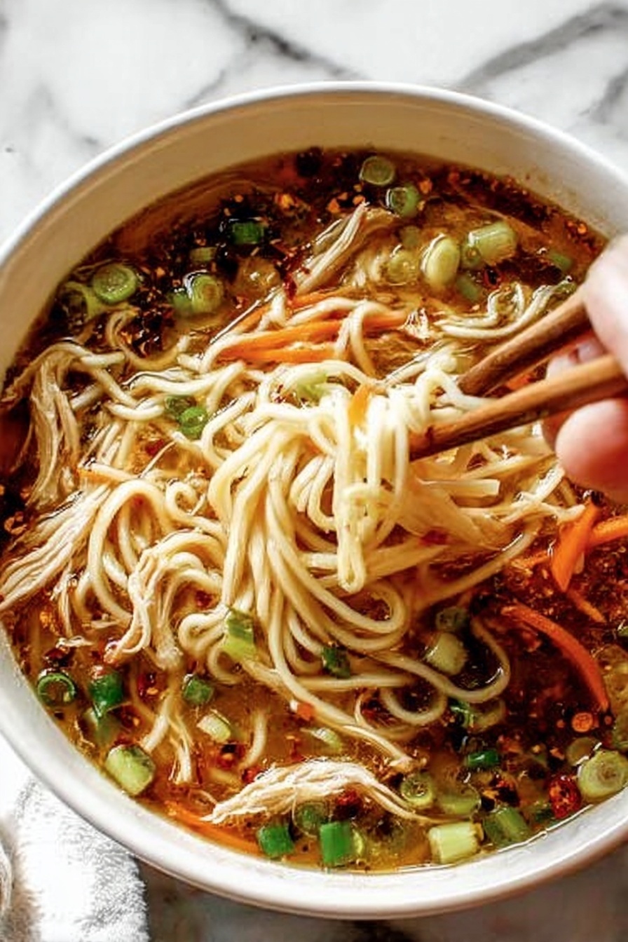 Ginger Scallion Chicken Noodle Soup, chicken noodle soup with ginger and scallions, healthy Asian chicken soup, flavorful homemade chicken noodle soup, comforting Asian-inspired soup - A white bowl filled with clear broth contains three main layers: at the bottom are thin, flat white noodles tangled together; floating on the noodles are small pieces of light beige shredded meat, dark brown mushroom slices, and green chopped scallions; the top layer has chunks of pale green celery and thin orange carrot strips. The broth has small drops of oil that add a light shine to the surface. The bowl sits on a light brown woven mat with a glass of light yellow liquid nearby and a white marbled tabletop underneath. Photo taken with an iphone --ar 2:3 --v 7