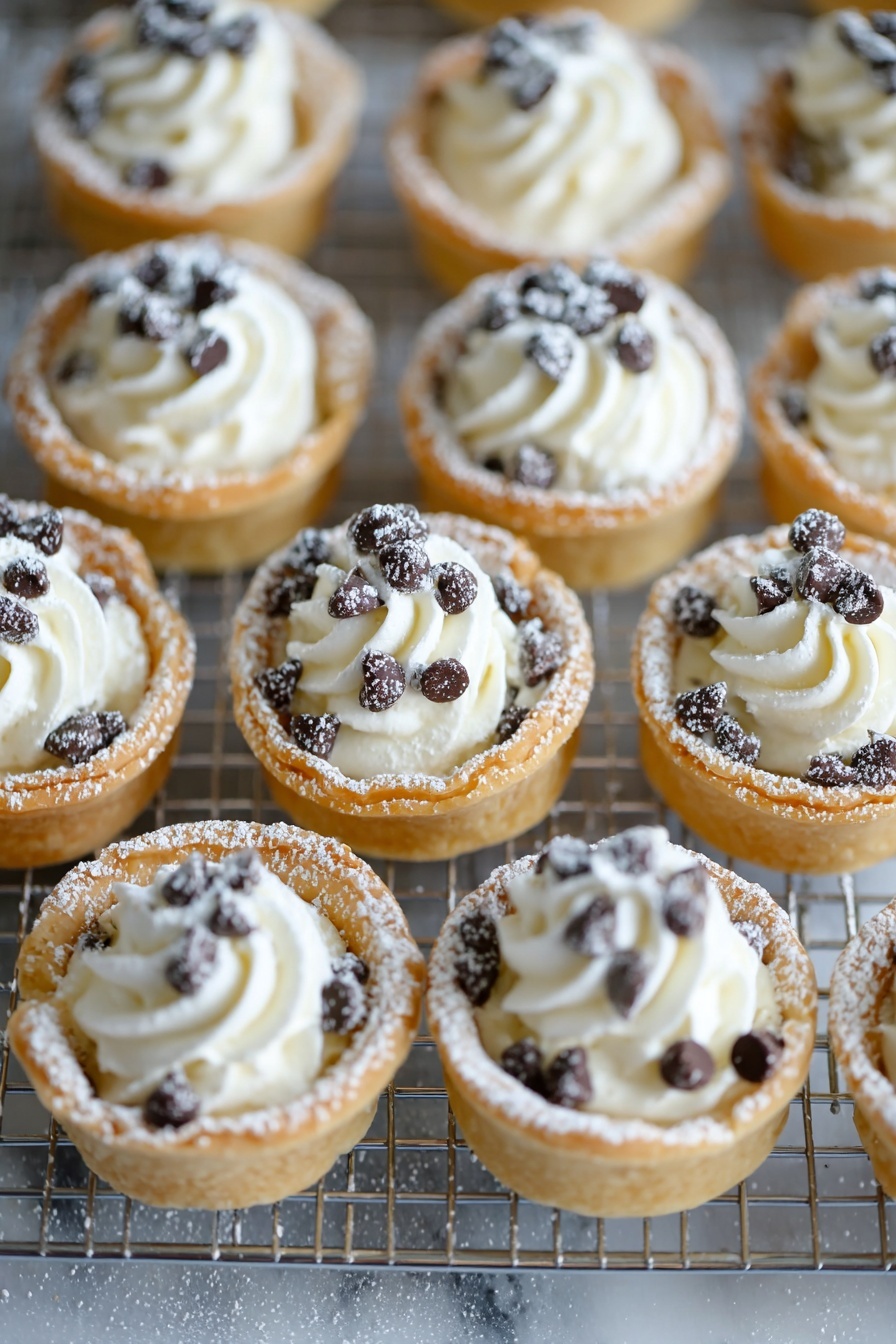 Cannoli Bites with Ricotta and Chocolate, cannoli bites, ricotta dessert bites, chocolate cannoli treats, easy Italian dessert - This image shows many small tartlets arranged closely on a metal cooling rack placed over a white marbled surface. Each tartlet has one golden-brown pastry shell forming the base and sides. Inside, there is one layer of white whipped cream piped in a swirling pattern, rising above the tart shell's edge. Dark brown chocolate chips are scattered on top of the whipped cream, giving contrast to the white cream. The tartlet edges are dusted with a light layer of powdered sugar, adding a soft white touch all around. The overall look is neat, evenly spaced, and inviting. Photo taken with an iphone --ar 2:3 --v 7