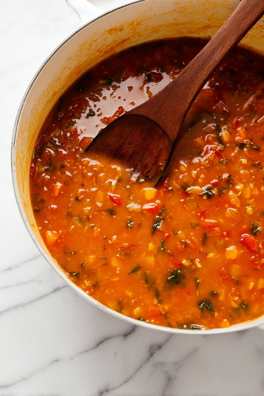 Hearty Lentil Soup with Kale and Spices, nourishing lentil soup, healthy kale and spice soup, comforting lentil and greens recipe, flavorful vegetarian soup - A large white pot filled with a thick, orange-red soup that has visible chunks of diced vegetables like carrots and tomatoes, along with bits of dark green leafy vegetables mixed throughout. The soup has a slightly textured surface with some oil sheen. A wooden spoon with a deep, rounded scoop rests inside the pot, partially submerged in the soup, showing its thickness. The pot has slight brown marks near the edges inside, indicating it has been simmering. The pot sits on a white marbled surface with subtle gray veins. Photo taken with an iphone --ar 2:3 --v 7