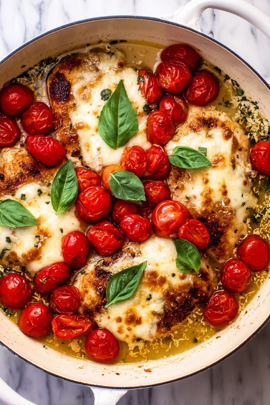 Balsamic Chicken with Tomato Mozzarella, Balsamic Chicken, Easy Balsamic Chicken recipe, One-pan Chicken dinner, Tomato Mozzarella chicken - The dish shows a white round pan filled with four layers of cooked chicken pieces topped with melted white cheese. Around and on top of the chicken, there are many red halved cherry tomatoes scattered evenly. Bright green basil leaves are placed on top, adding a fresh color contrast. The sauce in the pan is lightly golden and slightly oily, surrounding the chicken and tomatoes. The pan rests on a white marbled surface. photo taken with an iphone --ar 2:3 --v 7