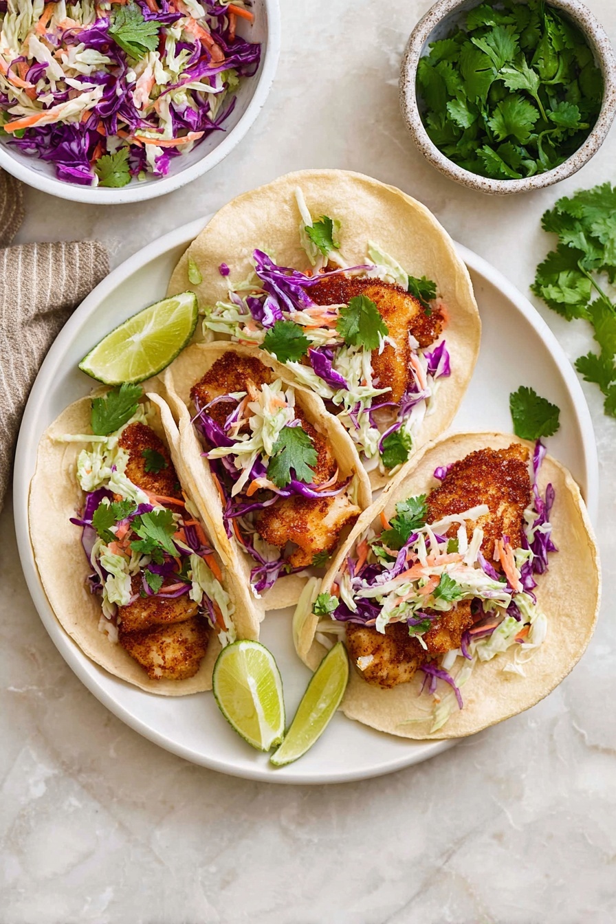 Air Fryer Fish Tacos with Cilantro Lime Slaw, Fish Tacos, Cilantro Lime Slaw, Air Fryer Fish Recipes, Easy Fish Tacos - Three soft white tortillas are placed on a white plate on a white marbled surface. Each tortilla holds a layer of golden-brown crispy fish pieces topped with a colorful mix of shredded purple and white cabbage, sliced carrots, and green herbs. Fresh green cilantro leaves are scattered on top and around the plate. Lime wedges are placed on the side of the plate and near it. A small white bowl with extra cabbage slaw and another with extra cilantro are also visible. photo taken with an iphone --ar 2:3 --v 7