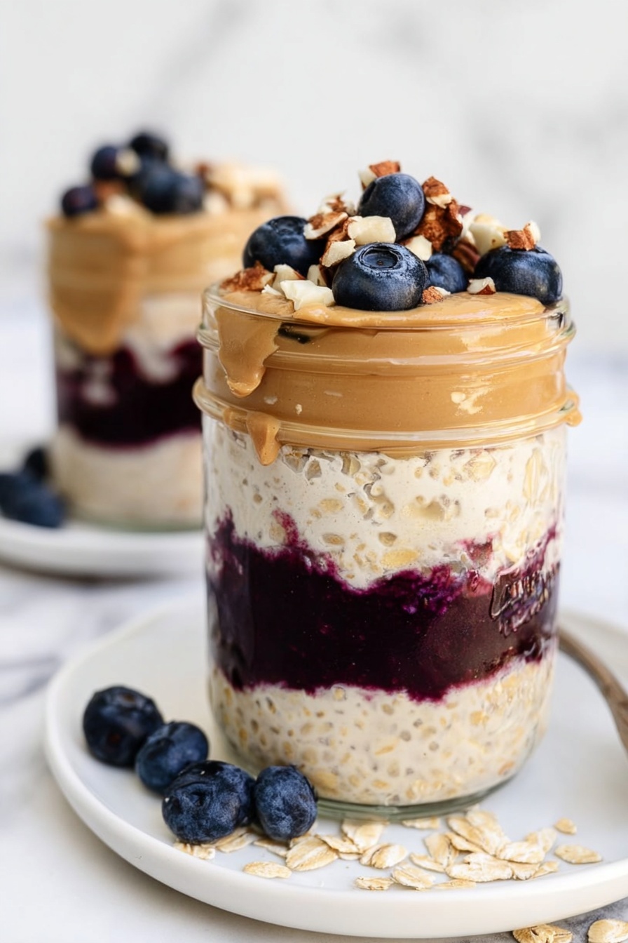 Peanut Butter and Jelly Overnight Oats, healthy breakfast ideas, easy overnight oats, nutritious breakfast recipes, kid-friendly breakfast options - The image shows two clear glass jars filled with three layers: the bottom layer is oatmeal with a light beige color and smooth texture; the middle layer is a dark red berry jam spread evenly; the top layer consists of oatmeal again, with a rough and creamy texture. On the very top, there is a topping made of whole blueberries, roughly chopped light brown peanuts, and some jam dripping slightly down the sides. Around the jars, there are scattered blueberries and oats on a white marbled surface. One jar has a silver spoon inserted near the top. To the side, there is a small white bowl filled with light brown peanuts and another white bowl with fresh blueberries. The photo taken with an iphone --ar 2:3 --v 7