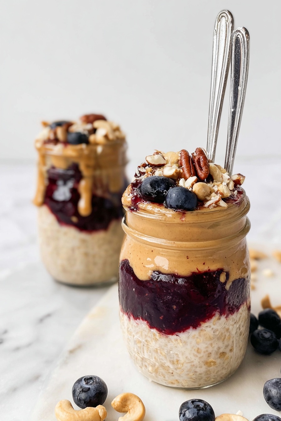 Peanut Butter and Jelly Overnight Oats, healthy breakfast ideas, easy overnight oats, nutritious breakfast recipes, kid-friendly breakfast options - The image shows two glass jars filled with a three-layered dessert placed on a white marbled surface. Each jar has a bottom layer of creamy oatmeal in a light beige color, topped with a thick dark purple fruit jam layer in the middle. Above the jam is a smooth, golden peanut butter layer that fills the jars almost to the top. On the very top, the jars are filled with more oatmeal mixed with chopped nuts including light brown cashews and darker pecans, and fresh dark blue blueberries. Two silver spoons are inserted into the jar in the front, and some scattered blueberries and cashews are visible nearby. The background is simple and white marbled. Photo taken with an iphone --ar 2:3 --v 7