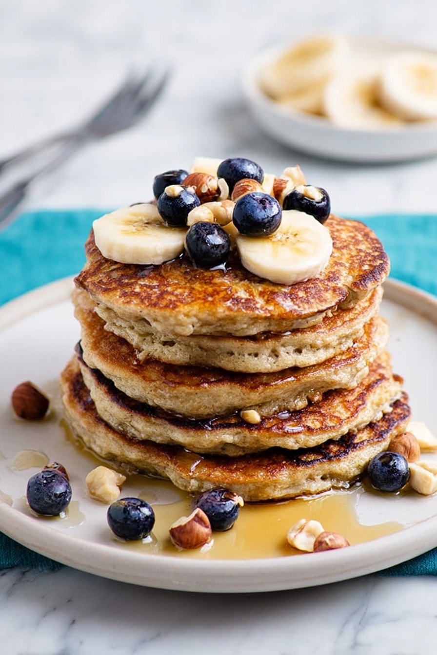 Healthy Banana Oatmeal Pancakes, best banana oatmeal pancakes, easy nutritious pancake recipe, wholesome breakfast pancakes, fluffy banana oat pancakes - A stack of four golden-brown pancakes sits in the center of a white plate, each pancake textured with small bubbles and crispy edges. On top, there are three banana slices with a shiny drizzle of syrup pooling slightly and small pieces of chopped nuts sprinkled over them. Around the plate, scattered banana slices and nut pieces add a casual touch, all set against a white marbled background. photo taken with an iphone --ar 2:3 --v 7