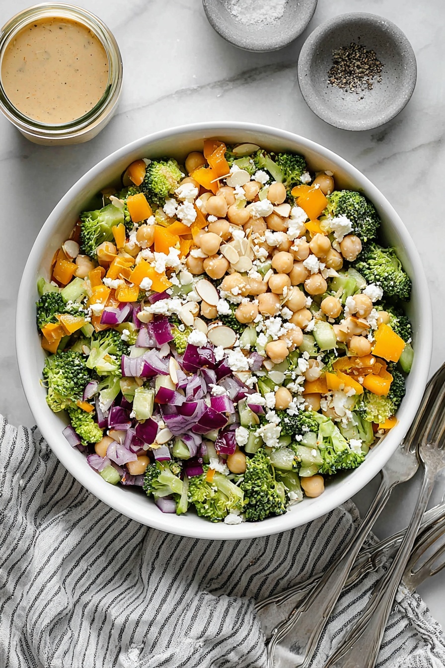 Chickpea Broccoli Salad with Lemon Tahini, healthy chickpea salad, vegan broccoli salad, lemon tahini dressing, quick vegetarian side dish - A white bowl filled with a colorful salad showing multiple layers: the base layer consists of small, bright green broccoli florets and light beige chickpeas; scattered throughout are chunky orange bell pepper pieces and pale green celery bits; bright purple-red onion cubes are mixed evenly, adding contrast; white crumbled cheese pieces are sprinkled on top along with thin, light beige almond slivers; a light creamy dressing is drizzled over the salad, visible especially on the cheese and broccoli. A silver spoon rests in the bowl on the left side, and in the background there is a small glass jar with more dressing and a spoon inside it; the bowl is placed on a white marbled surface with a grey striped towel to the left. photo taken with an iphone --ar 2:3 --v 7