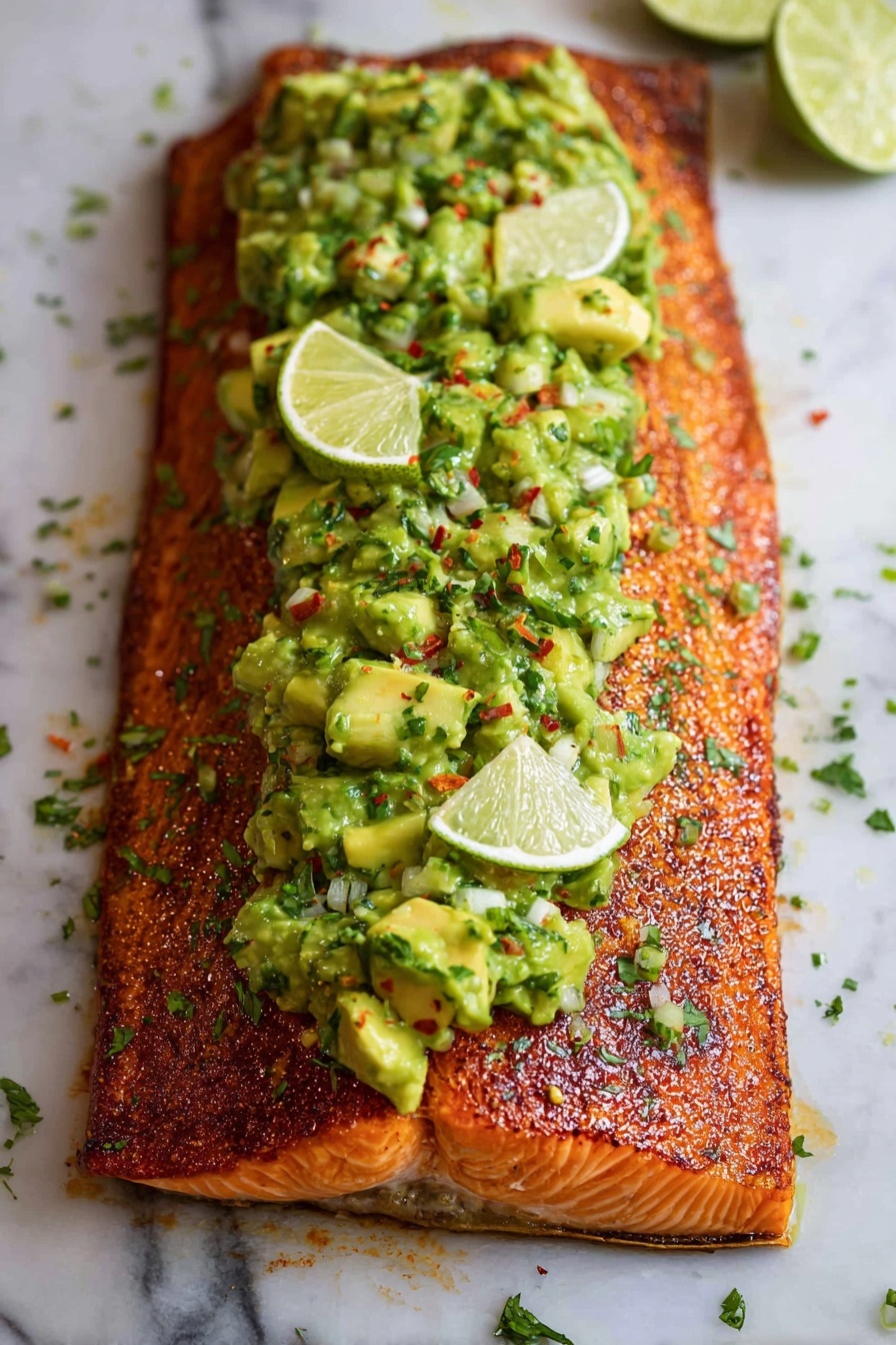 Spice Rubbed Salmon with Avocado Salsa, flavorful salmon dish, easy fish recipes, quick healthy dinner, smoky salmon with avocado salsa - A large, flat piece of cooked fish with a reddish-brown seasoning crust covers the entire top surface, showing a single long vertical line in the center. The fish is lying on a white marbled surface with some seasoning scattered around it on the left side. The edges around the fish are slightly darker, giving a roasted look. photo taken with an iphone --ar 2:3 --v 7
