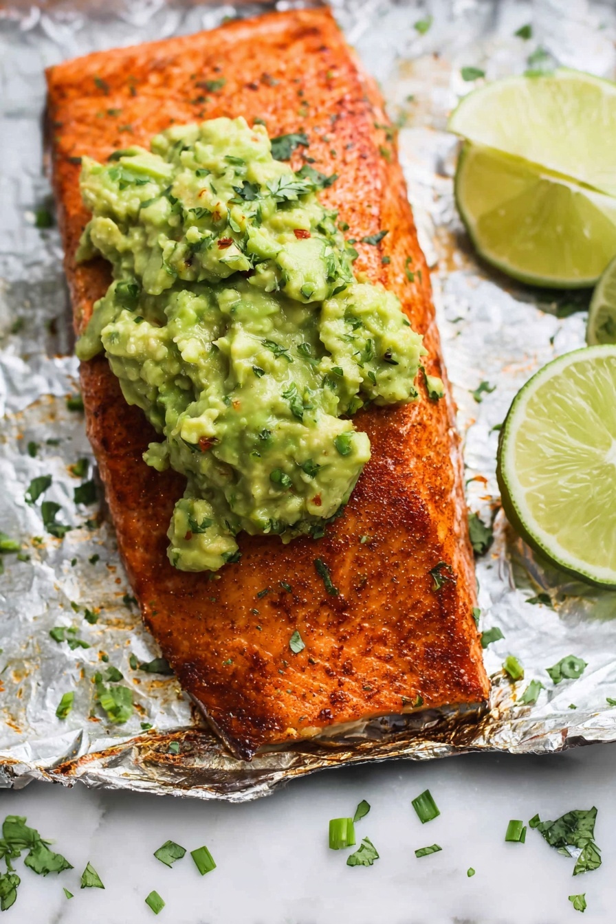 Spice Rubbed Salmon with Avocado Salsa, flavorful salmon dish, easy fish recipes, quick healthy dinner, smoky salmon with avocado salsa - A large, rectangular piece of cooked salmon with a crispy, deep orange-brown skin on the bottom layer sits on a white marbled surface. On top of the salmon is a thick layer of chunky, bright green avocado salsa mixed with finely chopped herbs and small bits of red pepper flakes. Thin slices of lime rest on the avocado salsa, adding a pop of light green color. The overall look is fresh and vibrant, with natural textures visible in the salmon’s flaky interior and the creamy avocado topping. Photo taken with an iphone --ar 2:3 --v 7