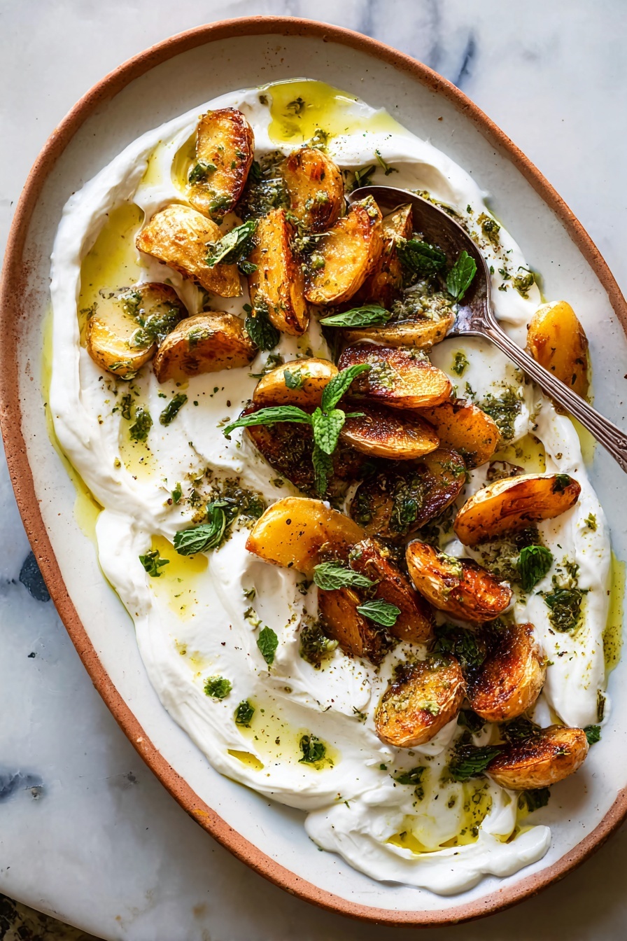 Crispy Oregano Roasted Potatoes with Feta Sauce, roasted potato sides, savory potato recipes, feta cheese dipping sauce, flavorful roasted potatoes - The image shows two white plates of roasted potato wedges on a white marbled surface. The larger plate is filled with golden brown potato wedges that have a crispy texture and are spread over a base layer of creamy white sauce. The potato wedges are scattered with small green herbs and drizzled with an oil-based herb dressing. Small dollops of white sauce are placed on top of some wedges, and a few tiny green leaves add color contrast. On the smaller plate, a few potato wedges rest on a similar white sauce layer, with a silver fork holding one wedge. The scene is bright and natural, capturing the textures of the potatoes and sauce clearly. photo taken with an iphone --ar 2:3 --v 7