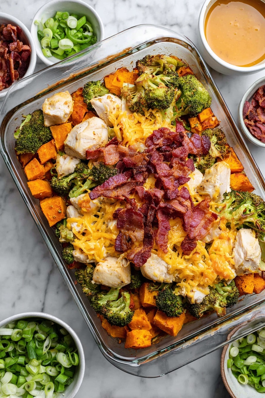 Buffalo Chicken Sweet Potato Casserole, buffalo chicken baked dish, spicy sweet potato casserole, healthy buffalo chicken dinner, cheesy buffalo chicken casserole - This image shows a glass baking dish filled with a layered casserole. The bottom layer is a mix of roasted broccoli and sweet potato chunks with a slightly crisp texture and green and orange colors. On top of this, there are slices of cooked chicken pieces with a light brown color, scattered with reddish-brown bacon pieces. Melted cheddar cheese sheets with a rich orange color cover the chicken and vegetables, adding a smooth texture. There are dollops of white sauce spread over the dish, with small bits of crumbly white cheese and sliced green onions sprinkled on top, adding contrast and freshness. The dish is placed on a white marbled surface with a silver spatula partially inside the baking dish. Photo taken with an iphone --ar 2:3 --v 7