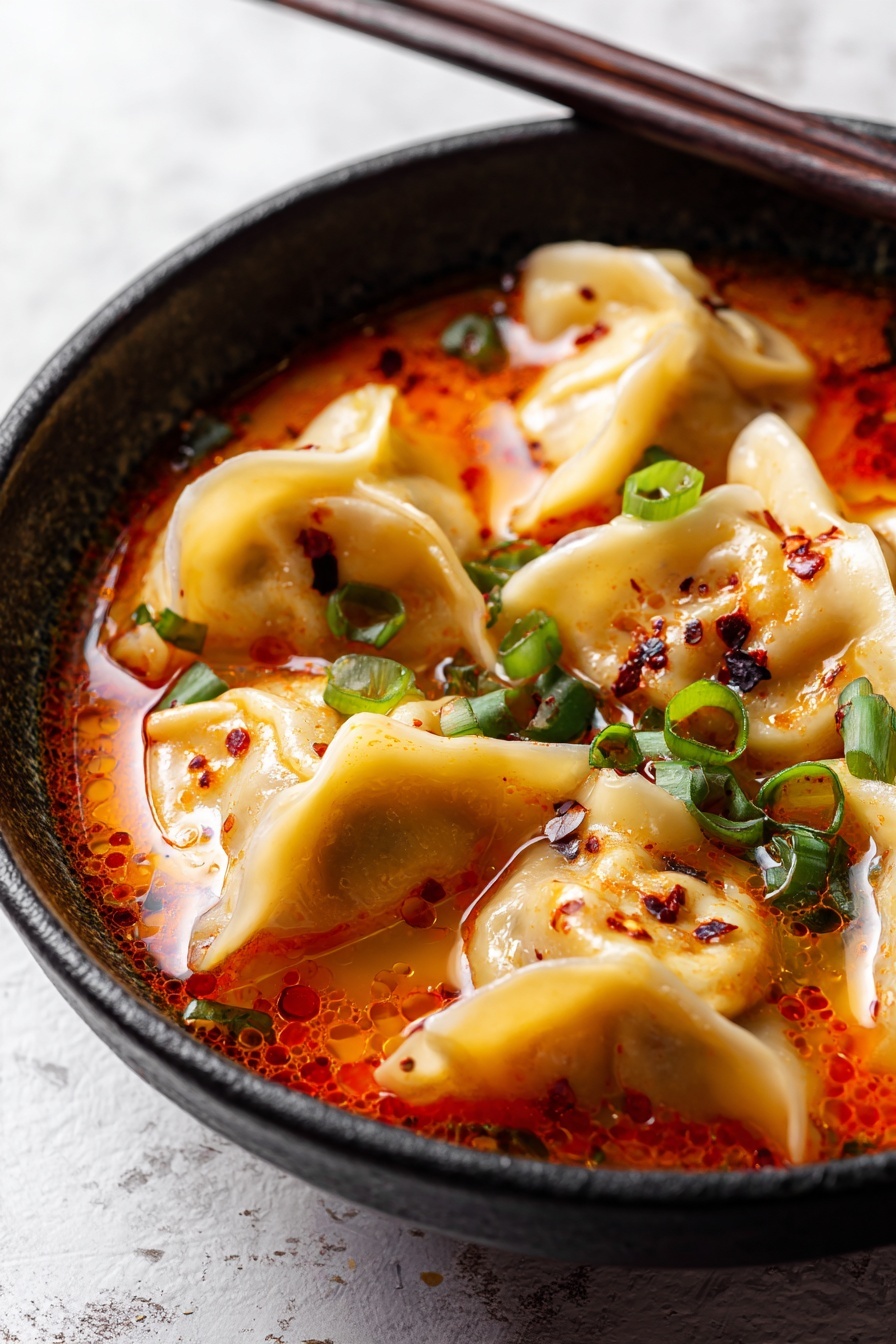 Coconut Curry Soup with Vegan Dumplings, vegan coconut curry soup, Thai-inspired vegan soup, quick vegan soup recipes, hearty vegan soup with dumplings - A close-up of six dumplings in a bowl filled with spicy orange-red broth, garnished with green sliced scallions and some red chili flakes sprinkled on top. The dumplings have a soft, pale yellow dough with a smooth texture and slightly folded edges. The bowl is black and round, sitting on a white marbled surface, and a pair of dark brown chopsticks rests on the bowl's edge, pointing diagonally away. The broth has little oil droplets and floating herbs giving it a rich texture and warm appearance photo taken with an iphone --ar 2:3 --v 7