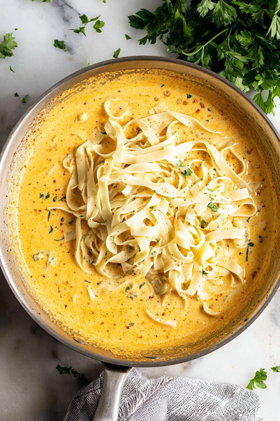 Cajun Alfredo Sauce, Cajun Alfredo sauce recipe, creamy Cajun Alfredo, spicy Alfredo sauce, Cajun pasta sauce - In a large silver pan, there is a creamy, orange-yellow sauce covering the bottom and sides, with visible small specks of seasoning throughout. On top of the sauce, fresh, pale cream-colored flat pasta noodles are layered loosely, mostly piled on one side of the pan, showing their soft, slightly curled texture. The pan sits on a white marbled surface with a gray and white cloth partially visible beneath the handle on the bottom left. Fresh green parsley leaves are placed on the top right of the image, adding a pop of color. Photo taken with an iphone --ar 2:3 --v 7