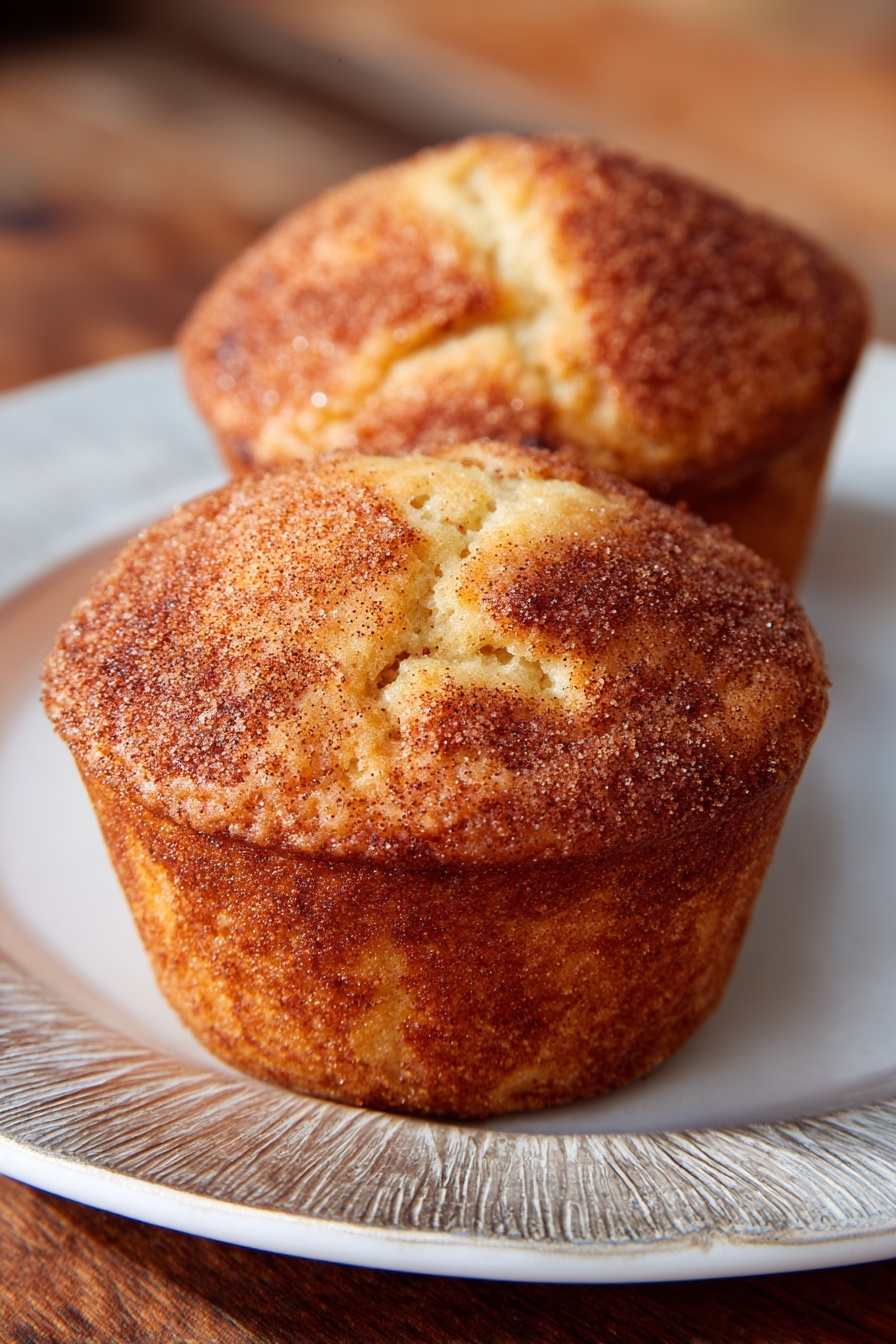 Healthy Apple Cinnamon Greek Yogurt Muffins, nutritious apple cinnamon muffins, wholesome Greek yogurt muffins, easy healthy breakfast muffins, best apple cinnamon muffins - Two muffins sit on a white plate with a shiny silver textured rim. The muffins have a golden brown top sprinkled with cinnamon sugar that gives a slightly rough and crumbly texture. The muffins are thick and rounded with light spots showing the soft inside. The background shows a blurry wooden surface, but the main view is focused on the muffins and the plate. photo taken with an iphone --ar 2:3 --v 7