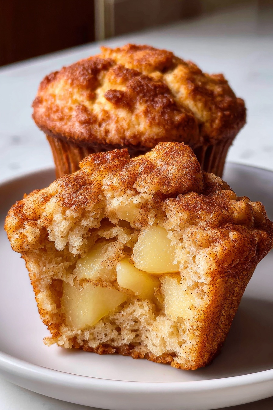 Healthy Apple Cinnamon Greek Yogurt Muffins, nutritious apple cinnamon muffins, wholesome Greek yogurt muffins, easy healthy breakfast muffins, best apple cinnamon muffins - The image shows a close-up of a muffin that has been split into two halves, placed on a white plate with a blue patterned rim. The muffin has a crumbly golden-brown top with a light dusting of cinnamon or sugar. Inside, there are many small, soft chunks of red-skinned apple mixed throughout the light, fluffy, and slightly moist beige cake. The muffin sits on a white marbled surface with a soft background blur, creating a warm and inviting look. photo taken with an iphone --ar 2:3 --v 7