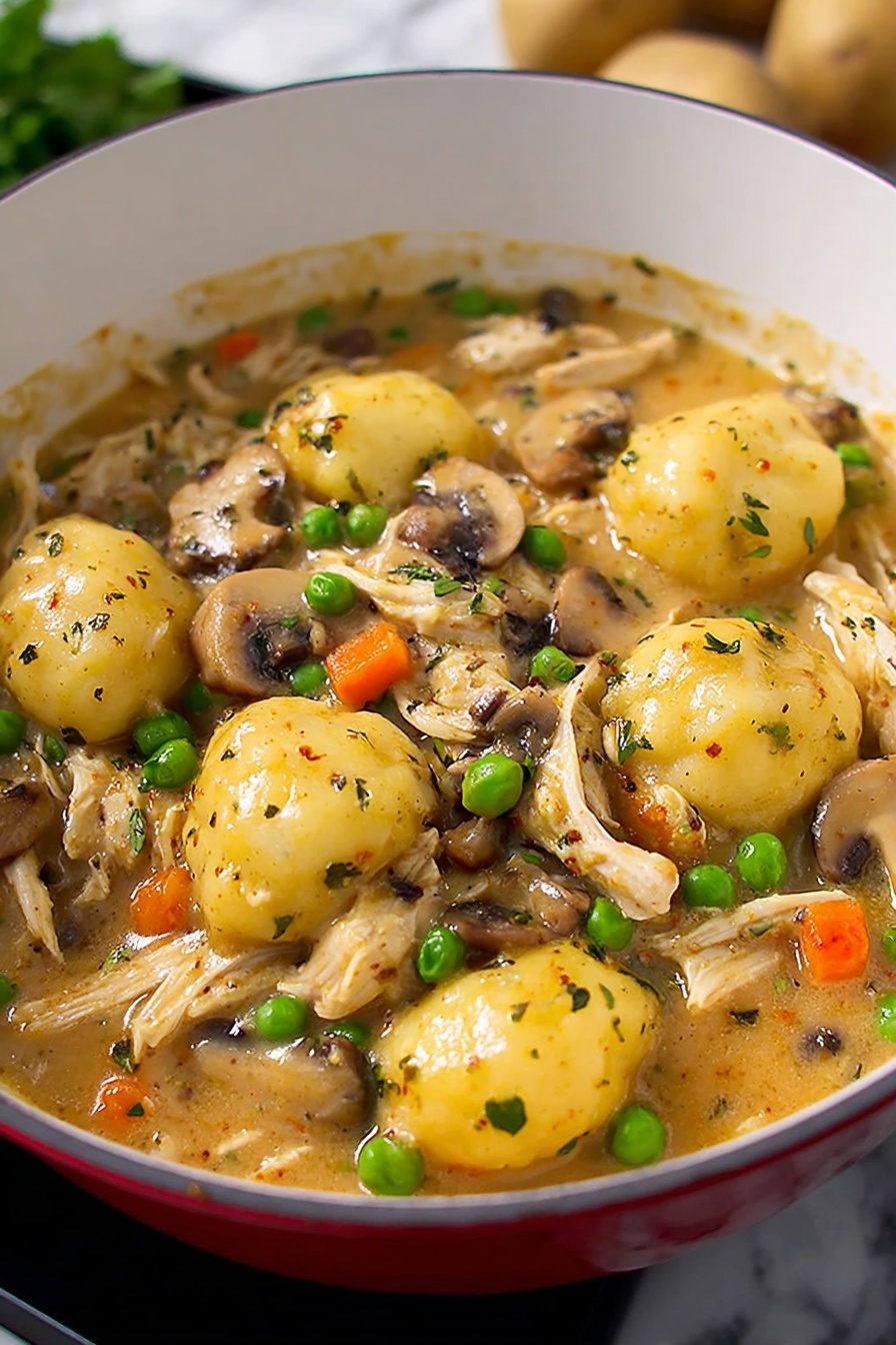 One Pot Gnocchi Chicken Pot Pie, easy chicken pot pie with gnocchi, comforting one pot chicken dinner, creamy chicken and gnocchi recipe, quick weeknight comfort food - A white bowl filled with creamy stew showing layers of shredded light brown chicken, slices of dark brown mushrooms, whole bright green peas, and small round orange carrots mixed with thick pale yellow sauce. Fresh green leaves of salad sit behind the bowl on a white marbled surface. The stew looks warm and slightly shiny with small green herb leaves scattered on top. photo taken with an iphone --ar 2:3 --v 7