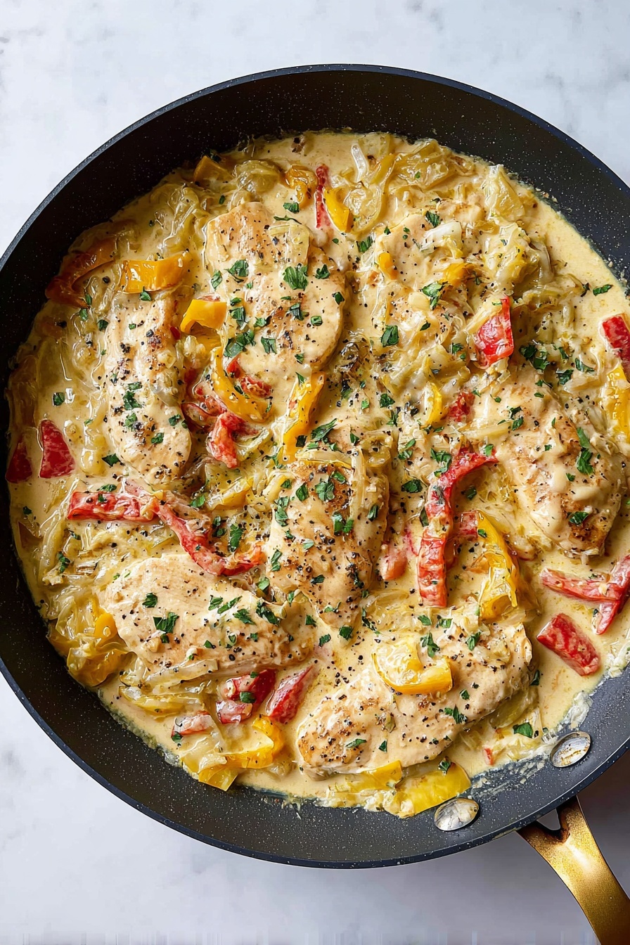 Creamy Pepperoncini Chicken Skillet, pepperoncini chicken, easy chicken skillet recipe, healthy chicken dinner, quick weeknight chicken dinner - The image shows a black frying pan on a white marbled surface filled with a creamy dish containing several light beige chicken pieces layered beneath a sauce. The sauce is thick and pale yellow, mixed with diced translucent onions and slices of red and yellow bell peppers scattered throughout. Green parsley pieces are sprinkled evenly on top, adding contrast. Black pepper dots are visible across the dish, giving texture and seasoning hints. The pan’s handle is gold-colored, with no other items in the background. Photo taken with an iphone --ar 2:3 --v 7