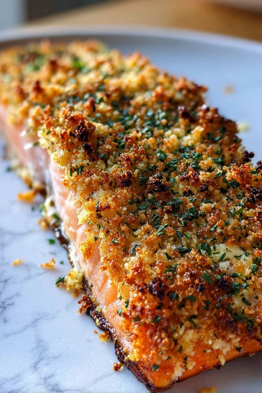 Crispy Parmesan Crusted Baked Salmon, baked salmon with Parmesan crust, easy salmon dinner, healthy baked salmon recipe, flavorful salmon dishes - A close-up of one piece of salmon with a thick crunchy topping that is golden brown and slightly burnt on the edges, with visible dried green herbs sprinkled all over. The salmon underneath is light pink with a smooth texture. The salmon is placed on a white plate with a white marbled surface visible in the background. The photo is taken in natural light showing clear and sharp details. photo taken with an iphone --ar 2:3 --v 7