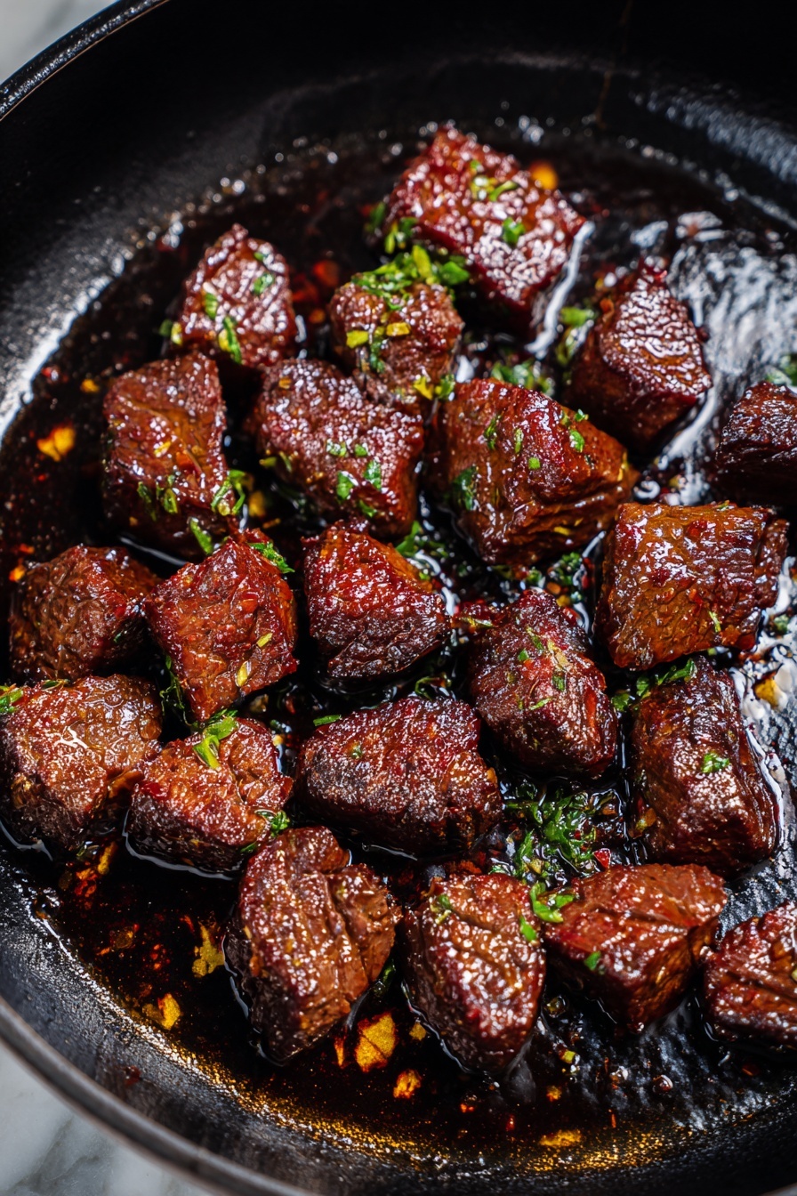 Quick Pineapple Chicken with Coconut Rice, tropical chicken dinner, easy pineapple chicken recipe, quick weeknight meals, coconut rice recipes - Chunks of dark brown cooked meat are scattered unevenly inside a black metal pan with some shiny sauce coating the surface. The meat pieces are glossy, textured with grill marks and sprinkled with small bits of green herbs. The pan shows some light oil stains and the background is a white marbled texture. Photo taken with an iphone --ar 2:3 --v 7