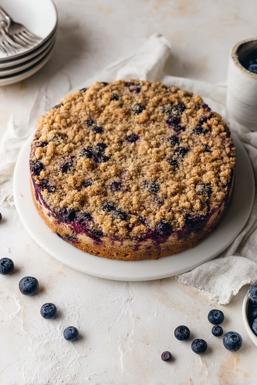 Blueberry Cheesecake with Crumble Topping, blueberry cheesecake, berry dessert recipes, easy cheesecake recipes, fruit dessert ideas - A round cake with a thick crumbly topping that looks golden brown and textured, dotted with dark purple and red spots of berries visible beneath the topping. The cake is placed on a white plate resting on a white marbled surface. Around the cake are scattered fresh blueberries, a white cloth, and a small stack of white plates with two forks on top, adding to the cozy setting. photo taken with an iphone --ar 2:3 --v 7