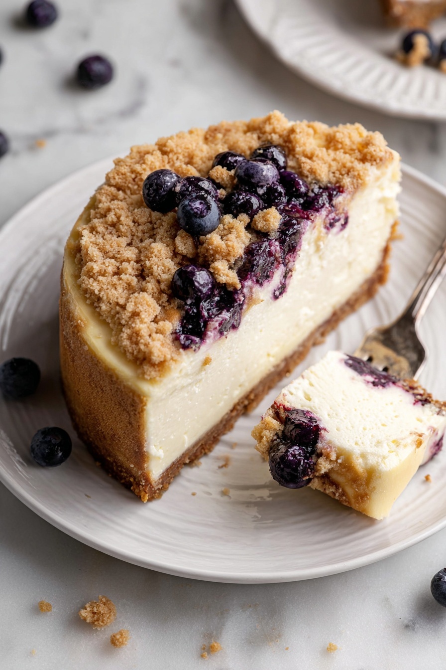 Blueberry Cheesecake with Crumble Topping, blueberry cheesecake, berry dessert recipes, easy cheesecake recipes, fruit dessert ideas - A round cheesecake with three visible layers: the bottom layer is a thick, light brown crust, the middle layer is thick and creamy white cheesecake, and the top layer is a crumbly golden brown streusel with dark purple berries mixed throughout. One slice has been removed, showing the smooth texture of the cheesecake and the scattered blueberries just under the streusel top. The cake is placed on a white plate on a white marble surface, with a few blueberries around and a woman's hand holding a piece in the background. Photo taken with an iphone --ar 2:3 --v 7