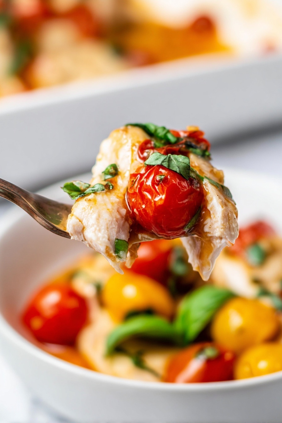 Chicken Caprese Skillet, Chicken Caprese Dinner, Caprese Chicken Recipe, Easy Chicken Skillet, Quick Caprese Chicken - The image shows two white dishes with a chicken meal. Each dish has a layer of cooked chicken topped with melted white cheese with light brown spots. The chicken sits on a bed of cooked cherry tomatoes in red and yellow, mixed with a few green basil leaves and some sauce that looks shiny and brown. The larger plate has three chicken pieces with cheese on top, garnished with three fresh green basil leaves in the center. The smaller bowl has one chicken piece with cheese, surrounded by cooked cherry tomatoes and some green basil leaves. The scene is set on a white marbled surface with a black and white striped cloth near the bowl and some fresh cherry tomatoes with green stems to the side. photo taken with an iphone --ar 2:3 --v 7