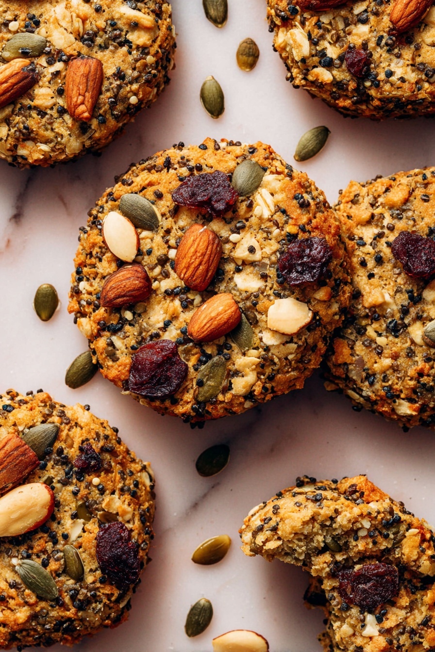 Quinoa Breakfast Cookies, healthy breakfast cookies, easy quinoa snack, wholesome breakfast treats, gluten-free breakfast ideas - A stack of five thick cookies sits on a white plate with a black rim, each cookie showing a rough texture with visible pieces of chocolate chips, seeds, and grains in golden brown tones. The cookies are dense and bumpy, with darker brown chocolate chips scattered throughout. The plate is placed on a wooden board with some seeds spilling onto the light beige surface around it. In the background, a white marbled texture surface and a blurred glass milk bottle add softness to the scene. Photo taken with an iphone --ar 2:3 --v 7