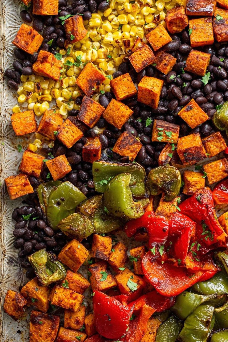 Sweet Potato Black Bean Tacos, Vegetarian Taco Ideas, Healthy Taco Recipes, Easy Vegan Tacos, Delicious Taco Dinner - The image shows a colorful mix of roasted vegetables spread out on a baking sheet with a white marbled texture underneath. The dish has three main layers: the first layer is bright yellow corn kernels scattered across the whole surface; the second layer is black beans that fill the spaces between the other vegetables; the third layer features large chunks of roasted sweet potatoes in shades of orange with some charred edges, roasted green bell peppers with shiny skin and some grill marks, and red bell peppers with wrinkled texture and caramelized spots. Tiny green herbs are sprinkled lightly on top for extra color. Photo taken with an iphone --ar 2:3 --v 7