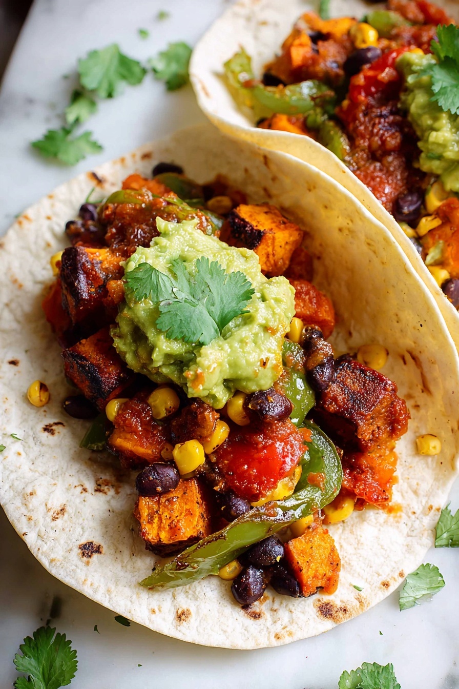 Sweet Potato Black Bean Tacos, Vegetarian Taco Ideas, Healthy Taco Recipes, Easy Vegan Tacos, Delicious Taco Dinner - Three soft tortillas are open and filled with colorful layers starting with a base of black beans and grilled sweet corn kernels, followed by roasted orange sweet potato cubes and grilled red and green bell pepper slices; each tortilla is topped with a scoop of bright green mashed avocado and fresh green cilantro leaves, all placed close together on a white marbled surface with a small brown bowl of red salsa visible in the corner photo taken with an iphone --ar 2:3 --v 7