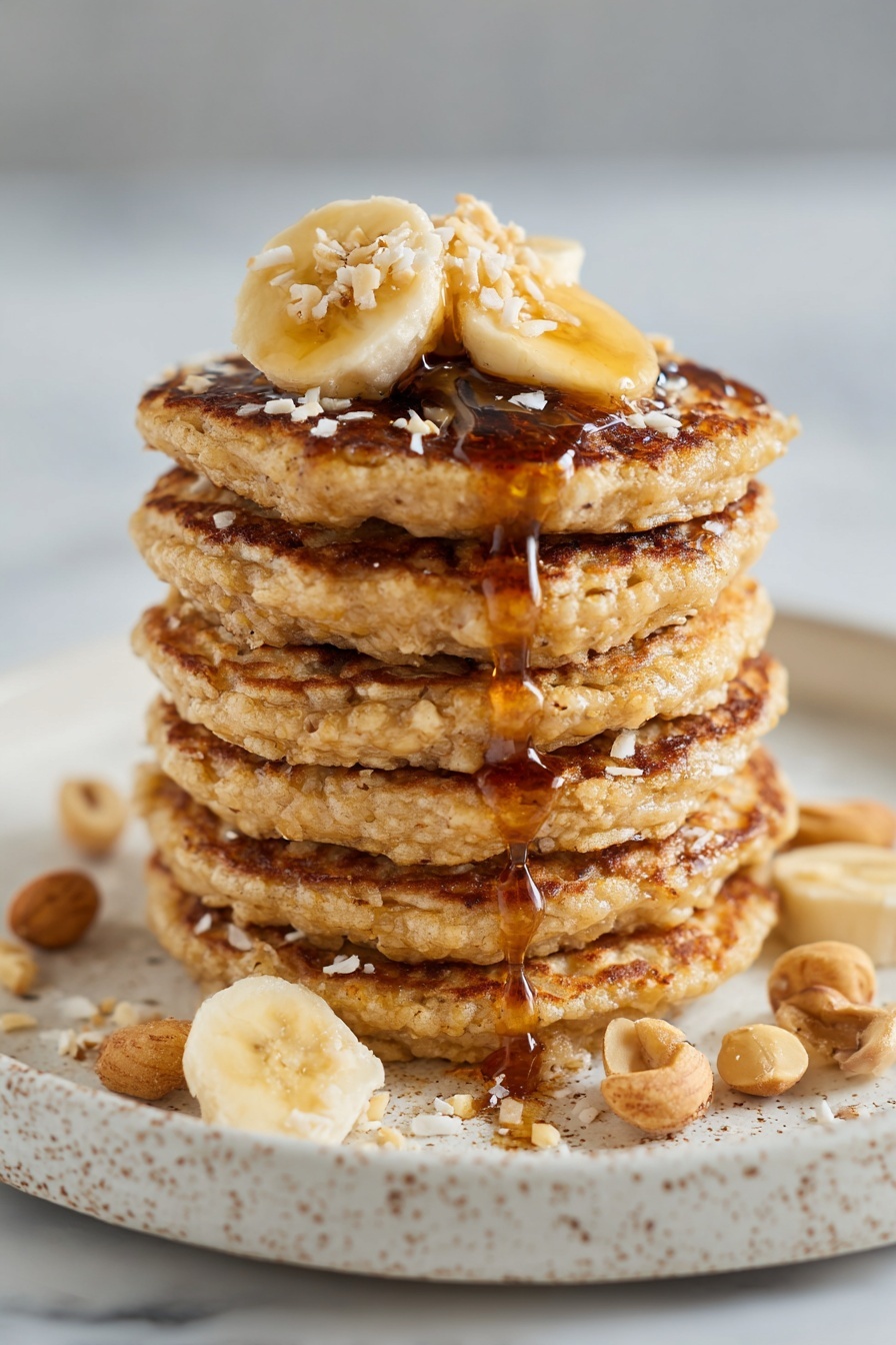 Healthy Banana Oatmeal Pancakes, best banana oatmeal pancakes, easy nutritious pancake recipe, wholesome breakfast pancakes, fluffy banana oat pancakes - A stack of five thick golden-brown pancakes sits in the center of a white plate on a white marbled surface. The pancakes have a slightly crispy edge and a soft texture visible on the sides. On top, there is a layer of banana slices that are creamy yellow, mixed with small deep blue blueberries and a few light-colored hazelnuts. Honey or syrup drizzles over the top and pools around the base, giving a shiny, sticky finish. More blueberries and hazelnuts are scattered around the plate. In the background, a white dish with banana slices and a fork rest on the white marbled surface. photo taken with an iphone --ar 2:3 --v 7