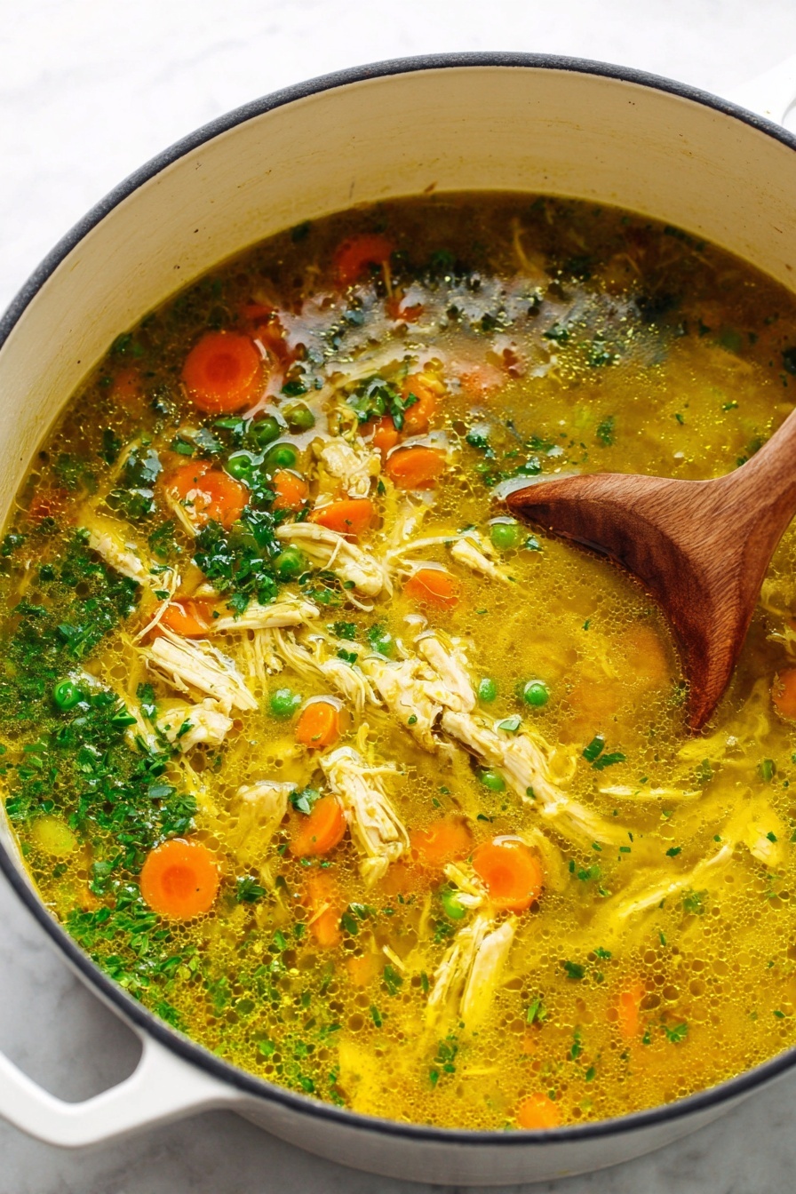 Turmeric Chicken Soup, healthy turmeric soup, anti-inflammatory soup, comforting chicken soup, golden turmeric broth - A close-up image of a white pot filled with a golden-yellow soup containing shredded chicken pieces, orange carrot slices, green peas, and bits of finely chopped green herbs floating on top; the soup has a slightly oily surface with a wooden spoon stirring it on the right side. The pot is placed on a white marbled surface. photo taken with an iphone --ar 2:3 --v 7