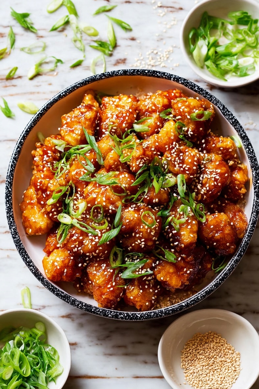 Paleo Sesame Chicken, healthy sesame chicken, gluten-free sesame chicken, paleo chicken stir-fry, clean eating sesame chicken - A bowl filled with many pieces of fried chicken coated in a shiny, sticky orange-brown sauce forms the main layer. The chicken pieces are crispy with a rough texture, and the sauce gives a glossy look. On top of the chicken, there are many small white sesame seeds sprinkled evenly and bright green chopped scallions scattered around. The bowl is white with a black speckled rim, sitting on a white marbled surface with some green scallions pieces and sesame seeds scattered around it. Nearby, there are two small white bowls, one with green scallions and the other with sesame seeds. Photo taken with an iphone --ar 2:3 --v 7