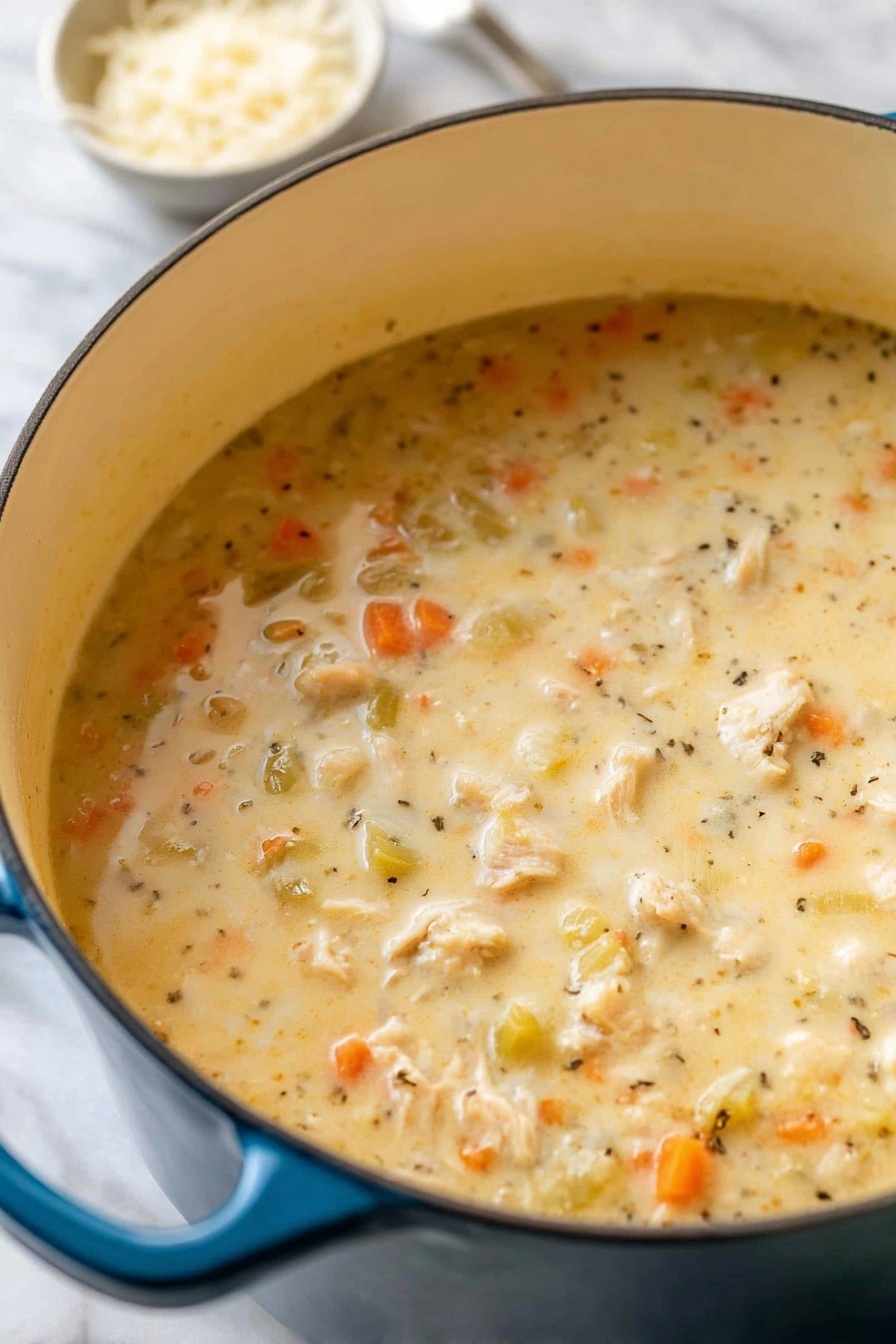 Creamy Chicken and Rice Soup, hearty chicken and rice soup, comforting chicken and rice recipe, easy creamy chicken soup, cozy chicken and rice dinner - A close-up view of a thick, creamy soup cooked in a white inside, blue outside large pot with two handles, showing a smooth, light yellow base with visible small chunks of orange carrots, pale green celery, and light beige chicken pieces scattered throughout. The soup has specks of black pepper and herbs evenly mixed in, giving it texture and depth. The pot is placed on a white marbled surface, with a small dish of grated cheese blurred in the background. photo taken with an iphone --ar 2:3 --v 7