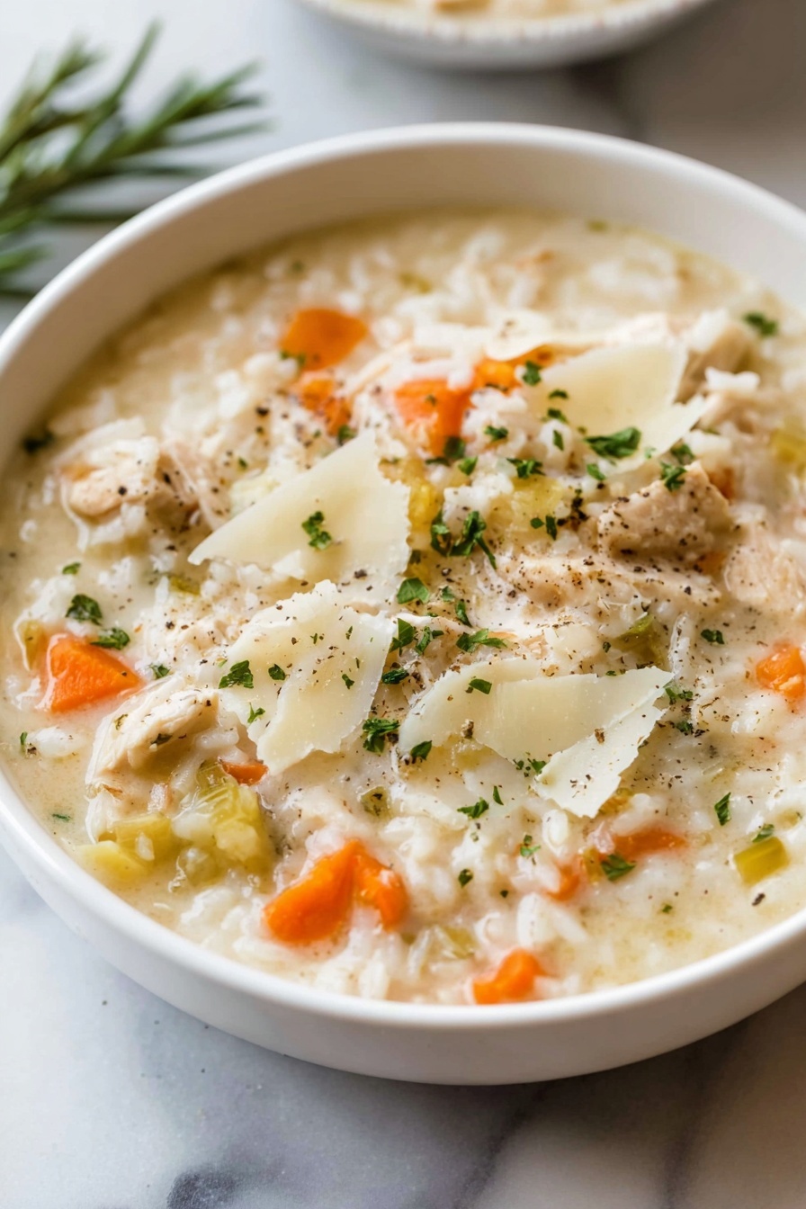 Creamy Chicken and Rice Soup, hearty chicken and rice soup, comforting chicken and rice recipe, easy creamy chicken soup, cozy chicken and rice dinner - Three white bowls filled with creamy chicken rice soup, placed on a white marbled surface. Each bowl shows a thick, light beige broth with chunks of cooked chicken, small orange carrot pieces, and soft rice grains. The soup is topped with green chopped parsley and thin shards of pale cheese. One bowl features a sprig of rosemary for garnish. The textures are creamy and smooth with bits of vegetables and meat distributed evenly. photo taken with an iphone --ar 2:3 --v 7