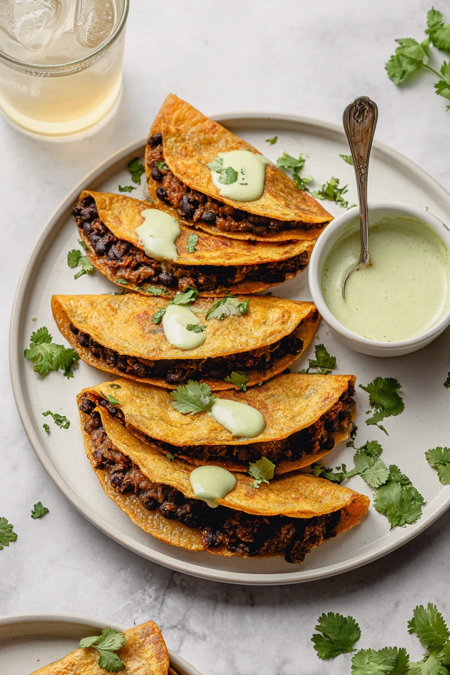 Crispy Ground Turkey Tacos with Avocado Sauce, ground turkey taco recipes, baked taco shells, quick healthy taco ideas, dinner recipes with avocado sauce - On a white plate, five small folded tacos are arranged in a slight curve, each taco made with a golden brown tortilla that looks lightly crisped on the edges. Inside the tacos, there is a dark filling made of black beans and browned ground meat mixed with small bits of red and green vegetables. The tacos are garnished with small fresh green cilantro leaves. Next to the tacos on the plate is a small white bowl filled with a light green creamy sauce that has fine green specks. The plate sits on a white marbled surface with scattered cilantro leaves around it, and in the background are two glasses filled with cold drinks and a second white plate holding more tacos. photo taken with an iphone --ar 2:3 --v 7