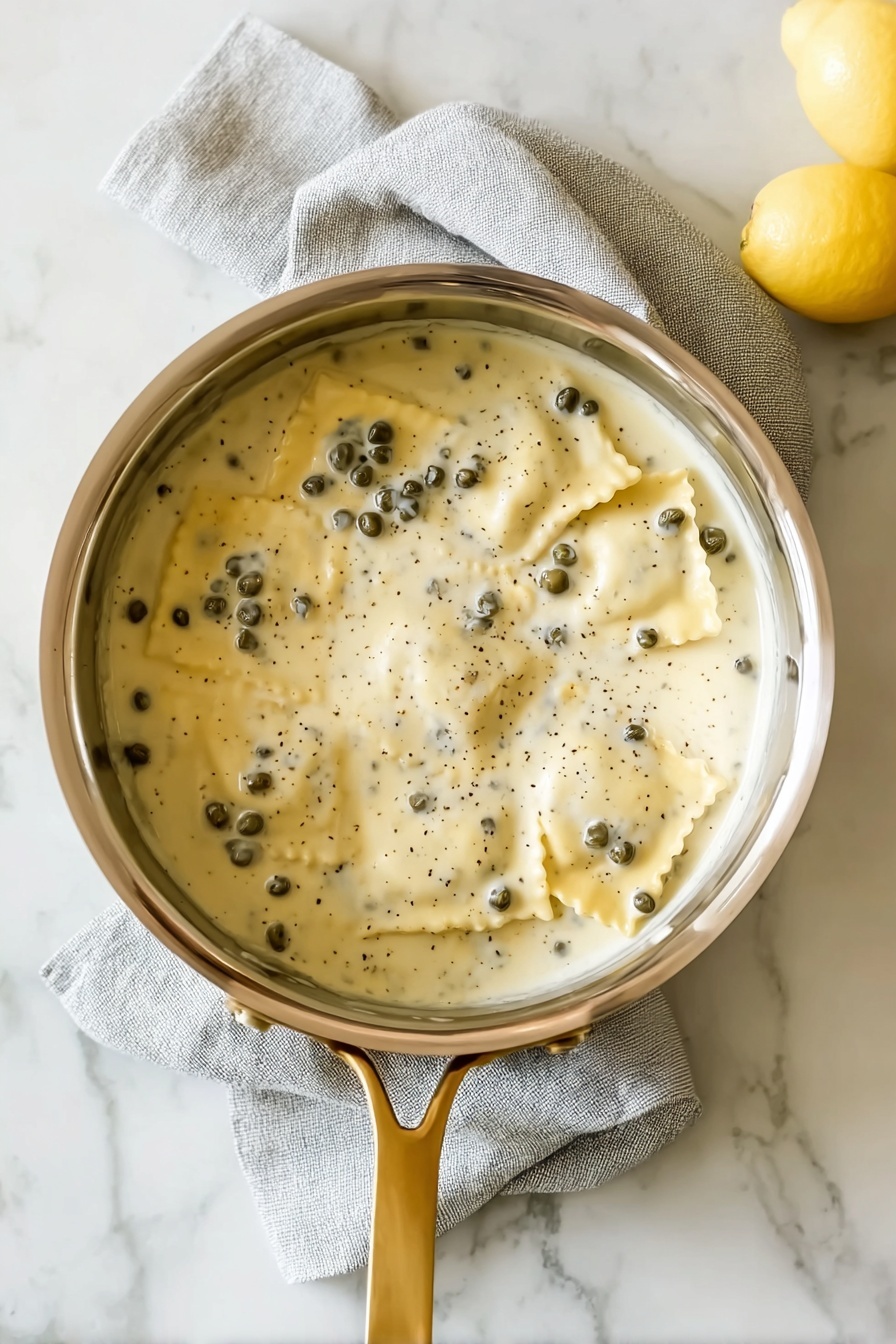 Lemon Caper Sauce for Pasta and Fish, lemon caper sauce, easy lemon sauce for seafood, quick pasta sauce recipe, versatile lemon caper sauce - A stainless steel pan with two handles viewed from above contains a smooth, creamy light beige sauce dotted with small black peppercorns evenly spread across its surface. The pan rests on a soft, light grey cloth with visible folds and wrinkles. The background is a white marbled textured surface. photo taken with an iphone --ar 2:3 --v 7