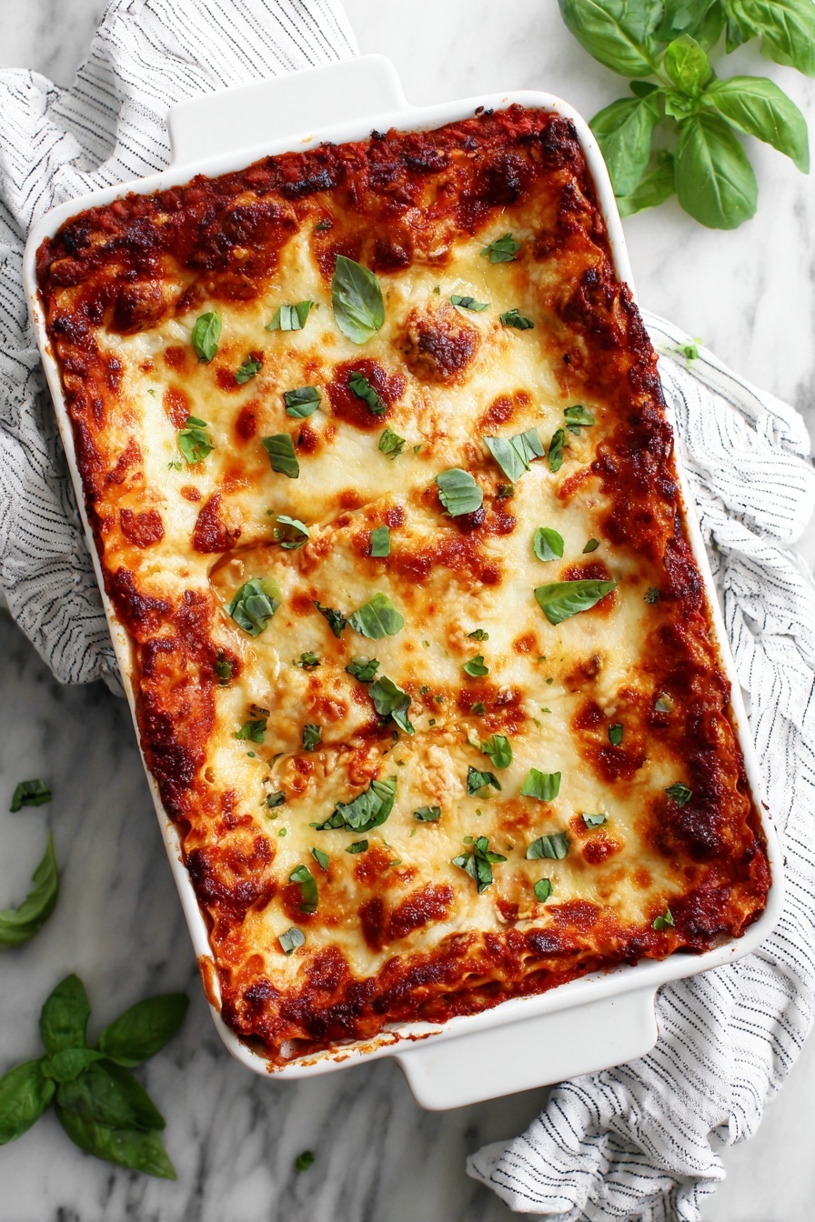 Vegetarian Roasted Mushroom Lasagna, veggie lasagna with roasted mushrooms, easy vegetarian lasagna, cheesy mushroom lasagna, hearty meatless lasagna - A white rectangular baking dish filled with a layered lasagna, viewed from above. The lasagna has about four layers. The bottom layer is made of green vegetables, likely spinach or zucchini, followed by a layer of pale yellow noodles. On top of the noodles is a bright red tomato sauce spread evenly. The topmost layer is covered with a thick, uneven mix of shredded white and slightly cream-colored cheese, giving the surface a textured look. The dish rests on a white marbled surface photo taken with an iphone --ar 2:3 --v 7