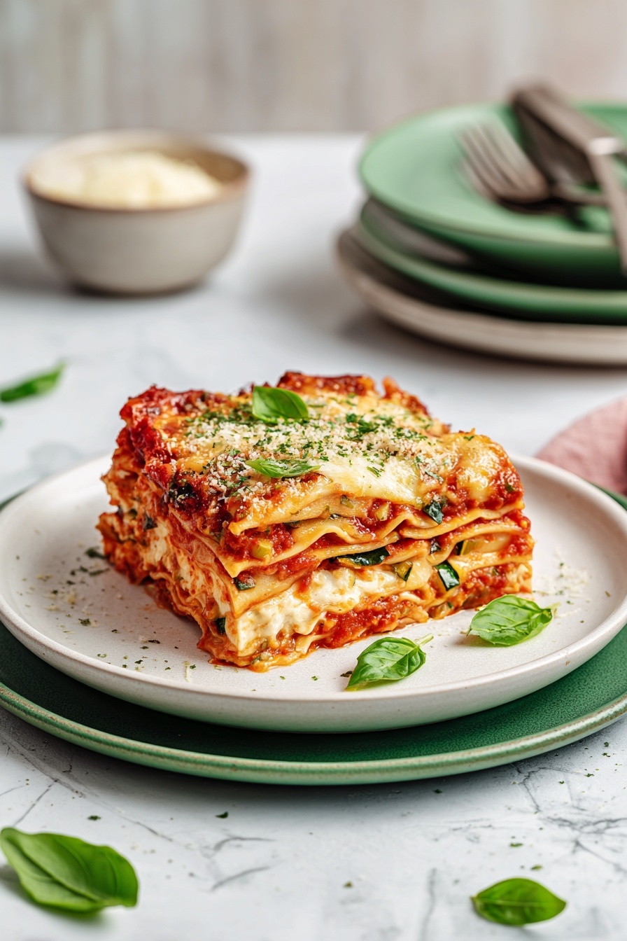 Vegetarian Roasted Mushroom Lasagna, veggie lasagna with roasted mushrooms, easy vegetarian lasagna, cheesy mushroom lasagna, hearty meatless lasagna - A white rectangular baking dish filled with a baked lasagna showing multiple layers: at the bottom, a red tomato sauce with herbs, followed by a layer of pasta sheets, topped with melted golden cheese that is slightly browned in spots. Bright green basil leaves are scattered on top, along with small green herb pieces sprinkled evenly across the cheese. The dish sits on a white marbled surface with extra fresh basil leaves nearby, and a striped white and gray cloth partially visible to the side. Photo taken with an iphone --ar 2:3 --v 7