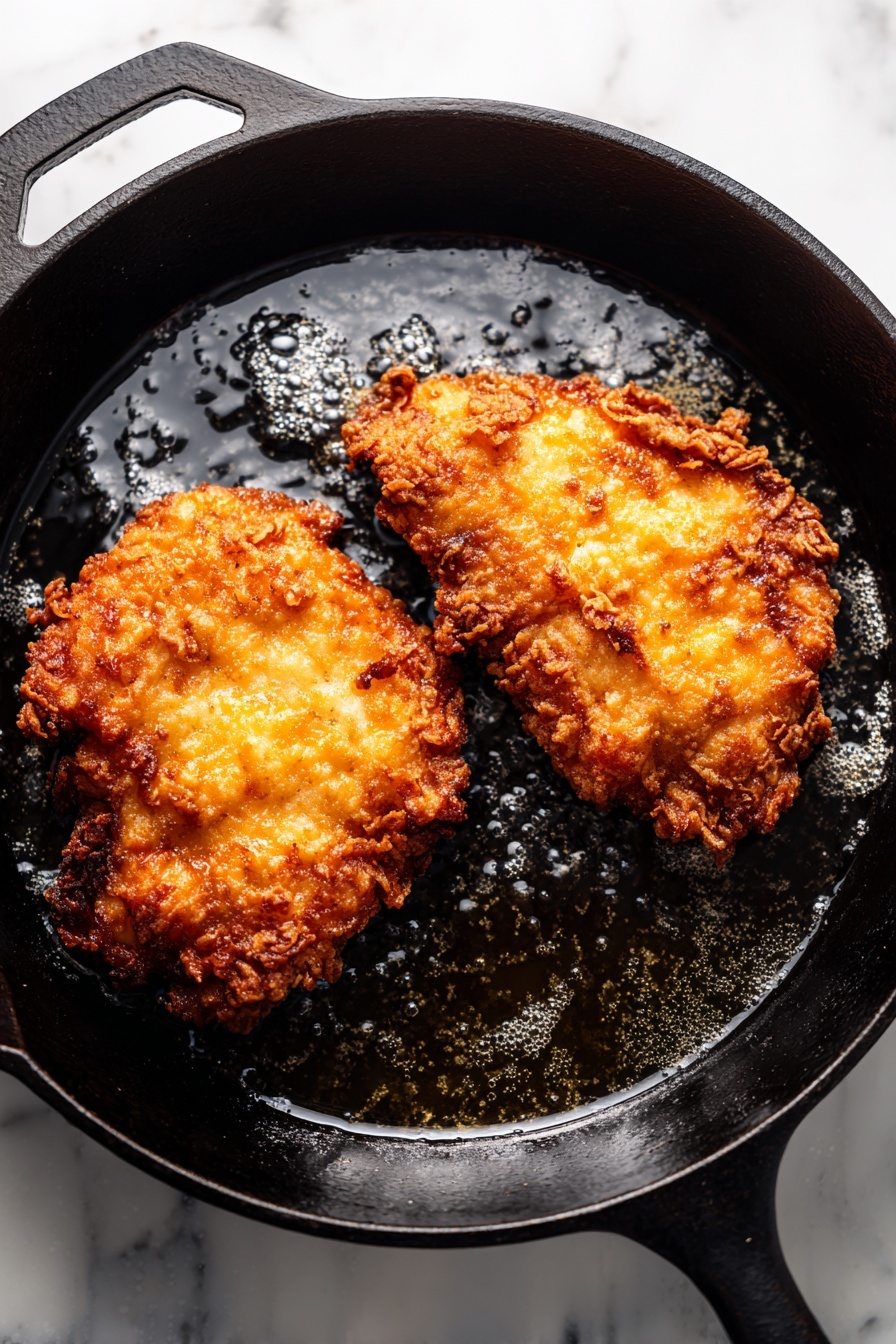 Pretzel Crusted Chicken with Cheese Sauce, crunchy pretzel chicken, cheese sauce chicken recipe, crispy chicken with cheese, easy pretzel chicken - The image shows two pieces of golden brown fried chicken cooking in a black cast iron skillet. The chicken has a crispy, crunchy texture with uneven, rough edges and a deep, warm brown color. The surface of the oil in the skillet bubbles gently around the chicken, reflecting light with small shiny spots. The skillet sits on a white marbled surface, creating a clean and bright background. Photo taken with an iphone --ar 2:3 --v 7