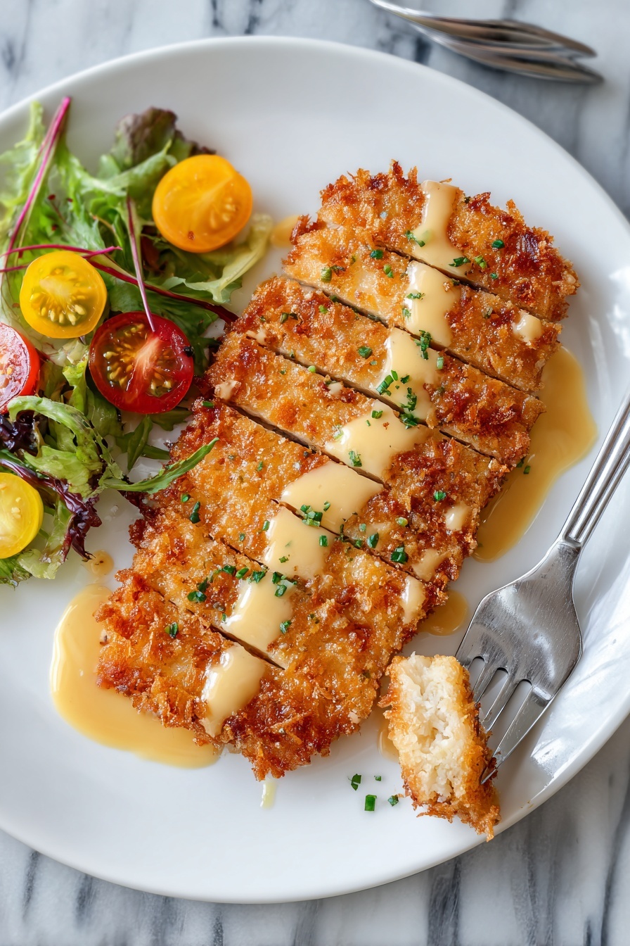 Pretzel Crusted Chicken with Cheese Sauce, crunchy pretzel chicken, cheese sauce chicken recipe, crispy chicken with cheese, easy pretzel chicken - The dish shows a thick, crispy golden brown fried piece of chicken with a rough textured crust, lightly drizzled with a smooth, light beige creamy sauce and sprinkled with small pieces of fresh green herbs. On the side, there is a small fresh salad made of mixed dark and light green leafy lettuce, and halved cherry tomatoes in bright red and yellow colors. All the food is placed on a clean white plate, resting on a white marbled surface, with a silver fork visible in the background. Photo taken with an iphone --ar 2:3 --v 7