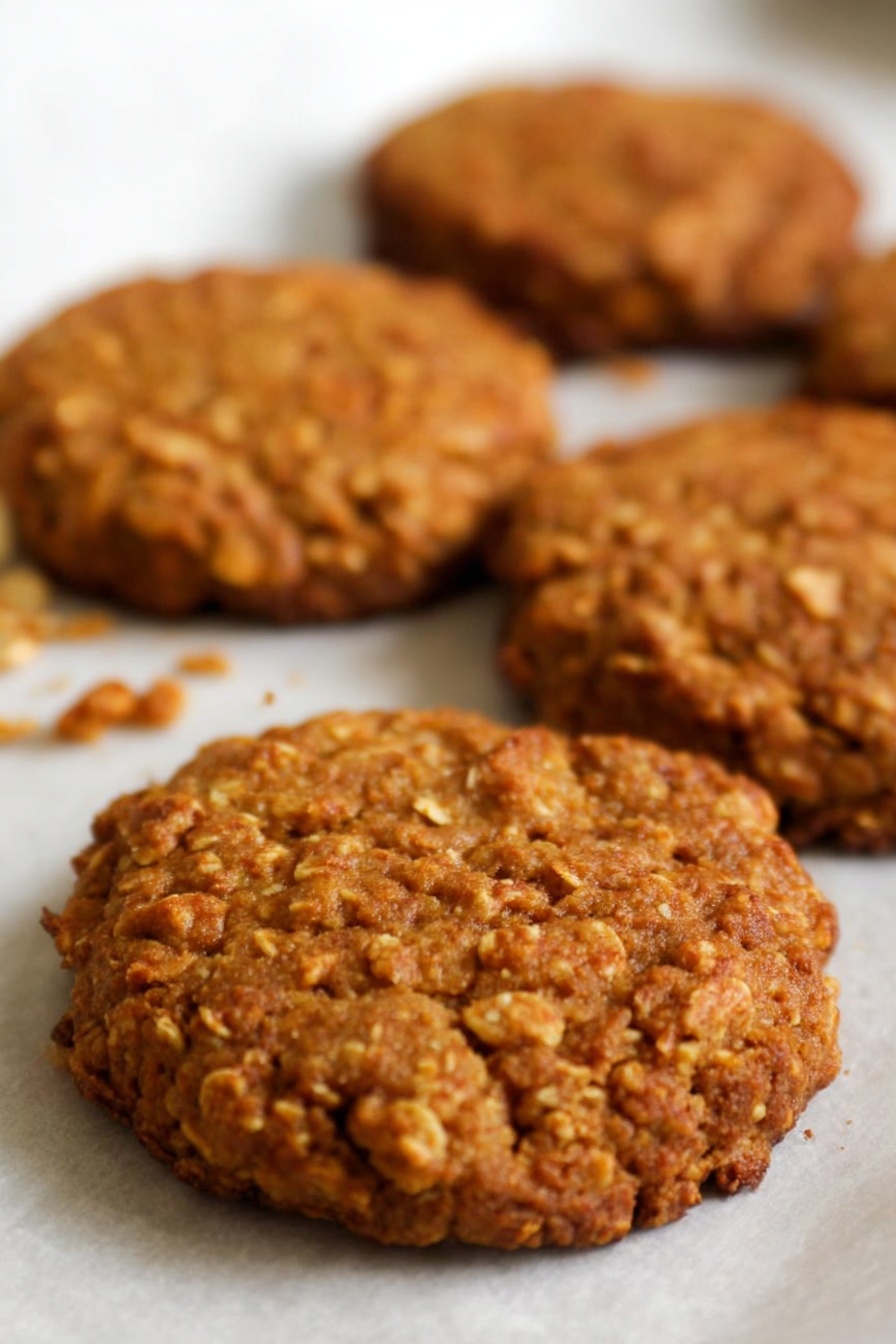 Healthy Gingerbread Oatmeal Cookies, gingerbread oatmeal cookies, healthy cookie recipes, gingerbread spice cookies, soft chewy oatmeal cookies - A stack of five textured brown oat cookies with visible oats throughout, placed in the center of a silver baking tray on a white marbled surface, with one more cookie lying flat to the left in the background and soft natural light casting gentle shadows that highlight the cookies' rough surface and thickness photo taken with an iphone --ar 2:3 --v 7