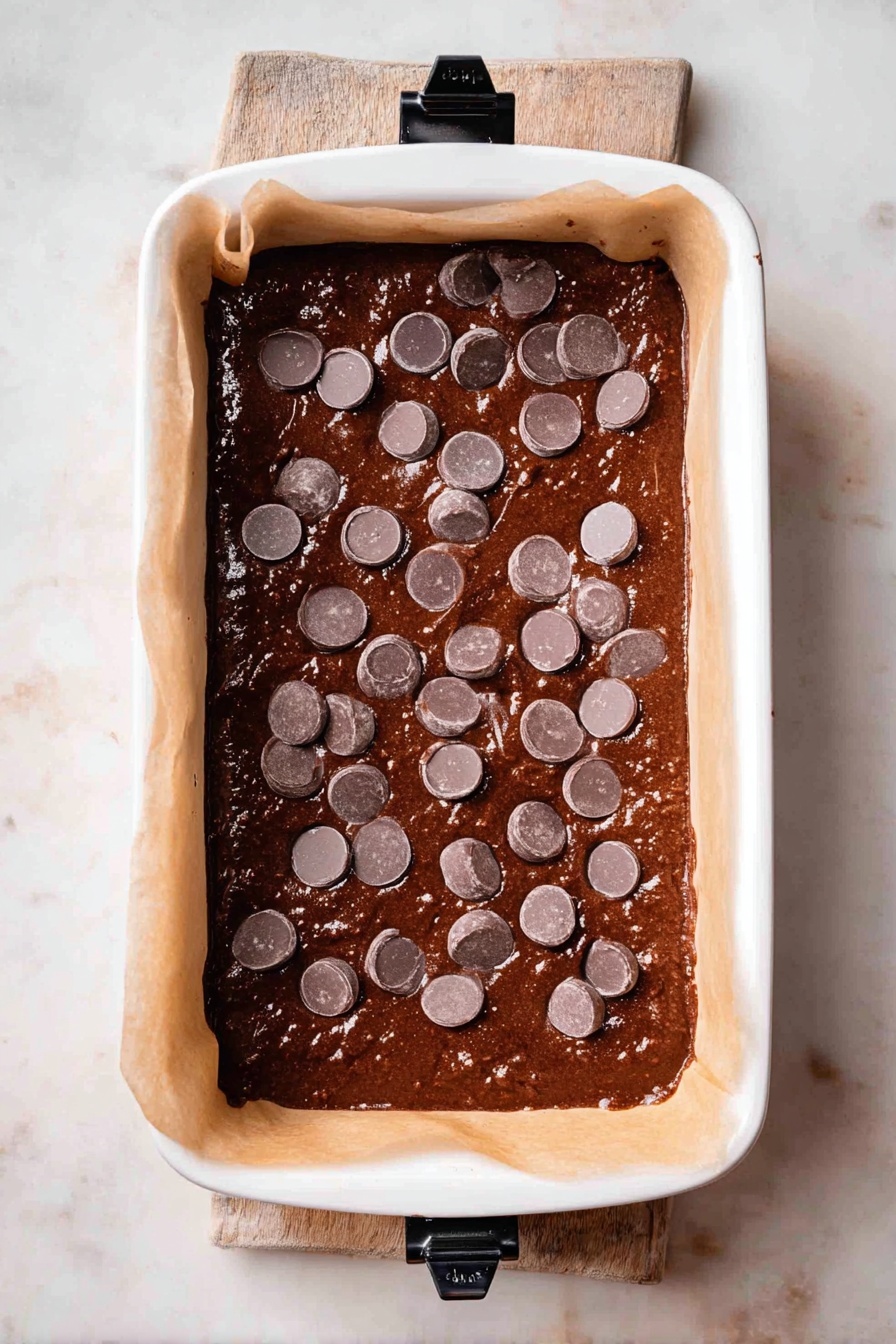 Chocolate Espresso Banana Bread, banana bread with espresso, moist banana bread, chocolaty banana bread, easy banana bread recipe - The image shows a white rectangular baking dish lined with parchment paper, filled with thick dark brown chocolate batter. On top of the batter, there are many round, flat, shiny chocolate chips scattered unevenly. The parchment paper extends up on the longer sides, held in place with black clips. The dish is placed on a white marbled surface that contrasts with the rich color of the batter. The texture of the batter looks smooth and glossy, with small air bubbles visible. photo taken with an iphone --ar 2:3 --v 7