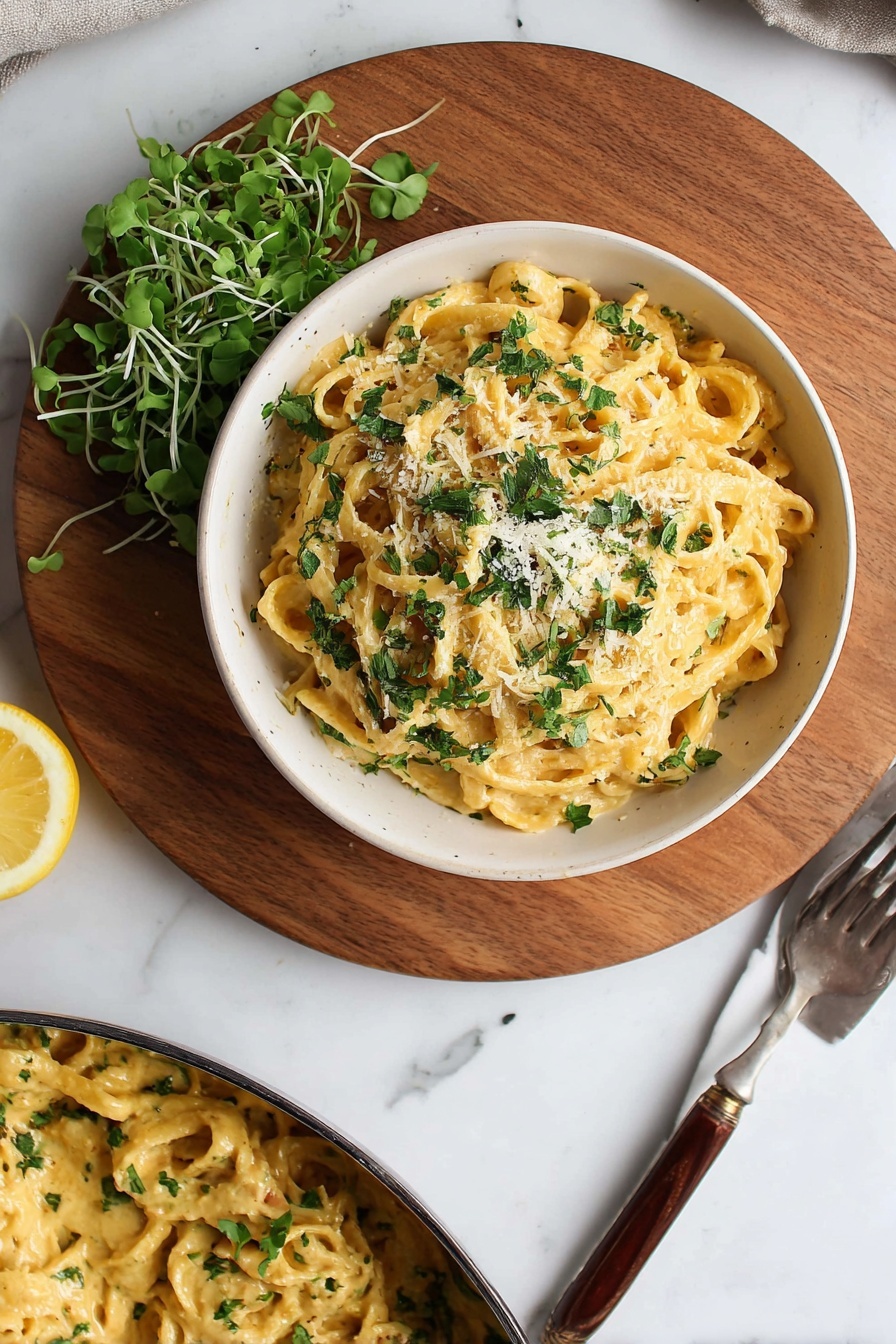 Cajun Alfredo Sauce, Cajun Alfredo sauce recipe, creamy Cajun Alfredo, spicy Alfredo sauce, Cajun pasta sauce - A close-up of a white bowl filled with creamy orange-yellow pasta made of flat, wide noodles layered thickly and coated evenly with a smooth sauce. On top, there is a sprinkle of white grated cheese and small pieces of chopped green herbs scattered over the pasta. The texture looks soft and rich, and the bowl is set on a white marbled surface. photo taken with an iphone --ar 2:3 --v 7