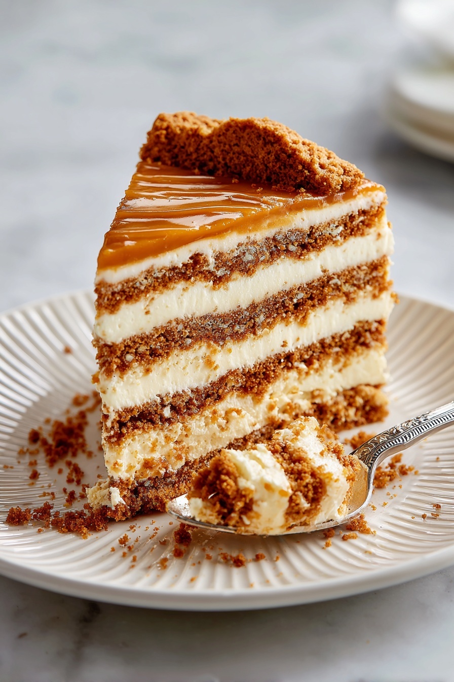 No-Bake Cookie Butter Icebox Cake, cookie butter dessert, no-bake layered cake, easy cookie butter recipes, no-bake icebox desserts - A slice of layered dessert with eight alternating layers of light cream and crumbly brown cookies sits on a white plate with a ridged pattern. The top layer has a smooth caramel-colored spread with a broken cookie piece on the side. Crumbs are scattered around the slice and plate. A detailed silver spoon rests on the plate, holding a bite of the dessert with layers visible. The plate is set on a white marbled surface. photo taken with an iphone --ar 2:3 --v 7