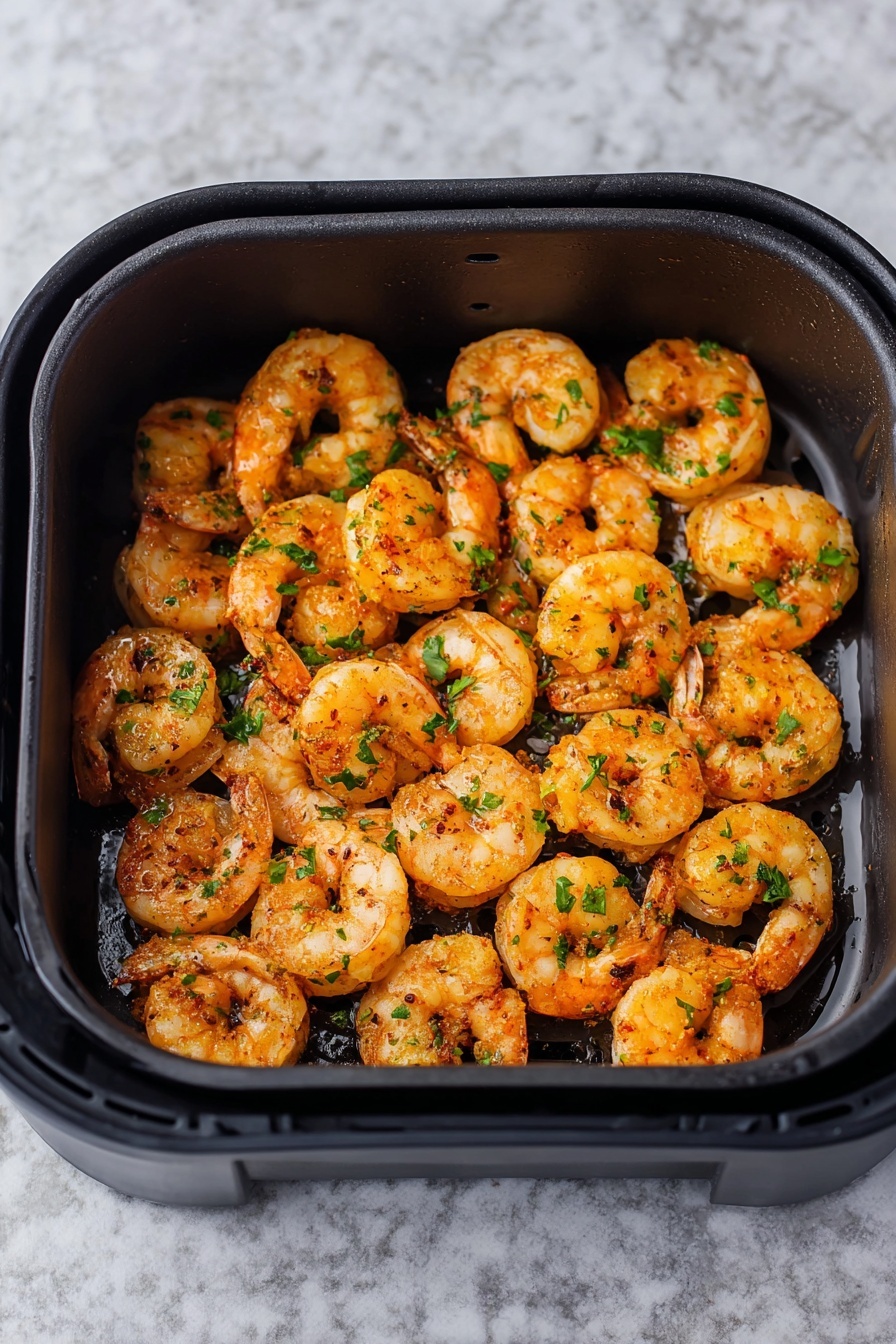 Air Fryer Old Bay Shrimp, Old Bay Shrimp recipe, crispy shrimp with Old Bay, quick seafood dinner, healthy air fryer seafood - A square black air fryer basket filled with roughly 30 cooked shrimp, arranged in an even layer with some overlapping. The shrimp are orange with light browning and sprinkled with small green parsley bits, giving a fresh contrast. The shrimp have a textured, slightly shiny surface from cooking oil and spices, with visible grill marks on a few pieces. The background is a white marbled surface. Photo taken with an iphone --ar 2:3 --v 7