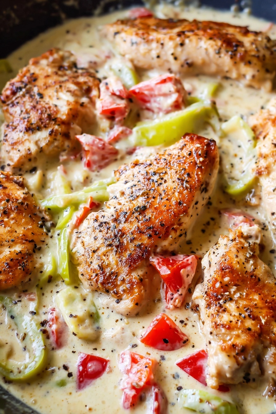 Creamy Pepperoncini Chicken Skillet, pepperoncini chicken, easy chicken skillet recipe, healthy chicken dinner, quick weeknight chicken dinner - The image shows several pieces of browned chicken in a creamy white sauce, layered with slices of pale green peppers and small bright red tomato pieces. The chicken appears seasoned with black pepper, and the sauce is thick, coating the chicken and vegetables. The dish is presented close-up in a pan with a dark surface, and the sauce creates a smooth texture around the ingredients. The pieces of chicken are spread across the pan with the peppers and tomatoes scattered on and around them, adding color contrast. photo taken with an iphone --ar 2:3 --v 7