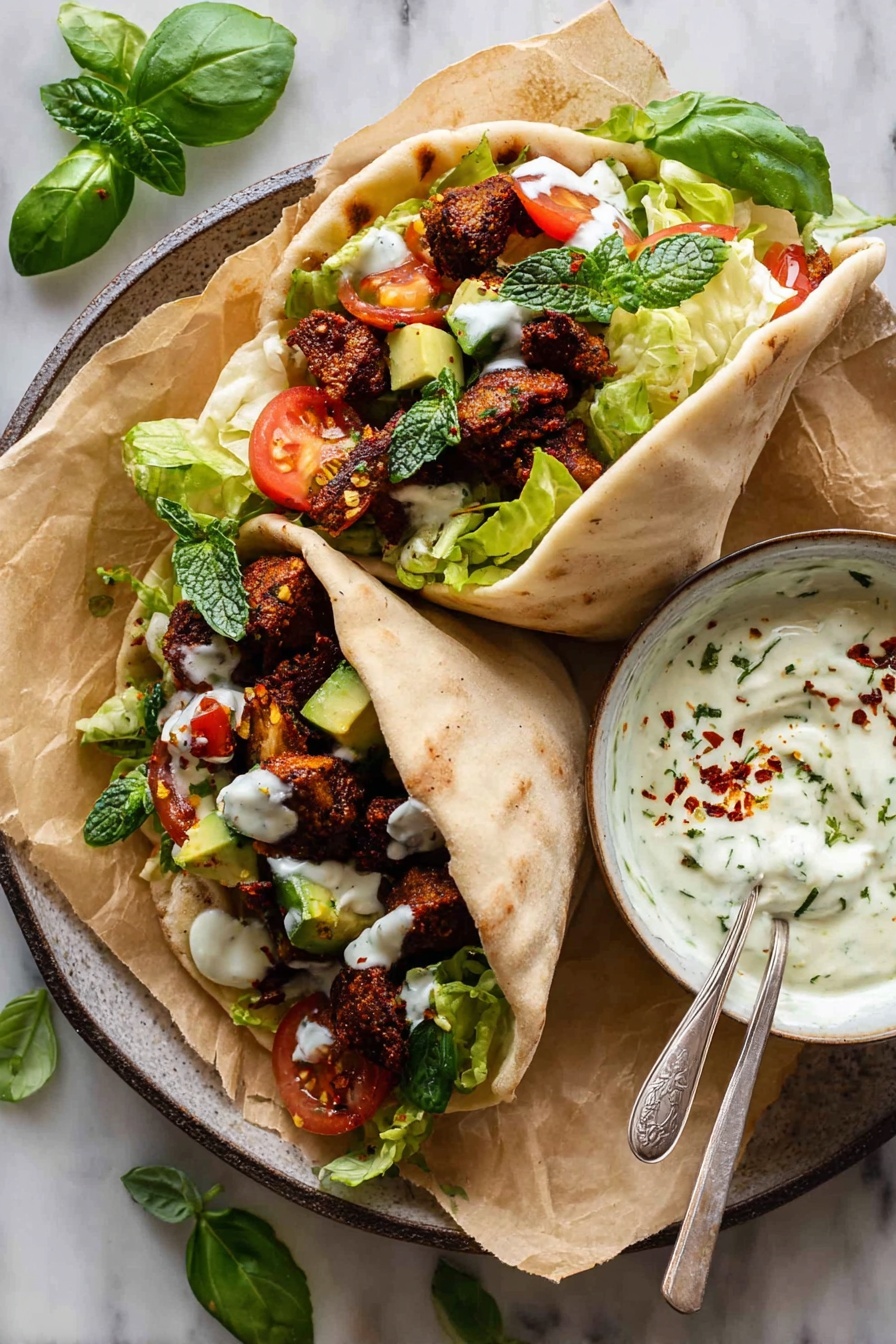 Rosemary Chicken and Avocado Bacon Pitas, flavorful pita recipes, quick weeknight dinner ideas, healthy chicken pitas, bacon avocado sandwiches - Two pita pockets filled with three main visible layers: a bottom layer of soft, light beige pita bread in an open position, a middle layer of leafy green lettuce and diced bright red tomatoes and avocado, and a top layer of dark brown, well-cooked spiced pieces with a drizzle of white sauce. The pitas rest on a wrinkled sheet of light brown parchment paper placed on a round white plate. Next to the pitas, there is a small white bowl filled with creamy white sauce, garnished with green herbs and red chili flakes, with a silver spoon resting beside it. The whole setup is arranged on a white marbled surface with a few scattered fresh basil leaves and herbs around. Photo taken with an iphone --ar 2:3 --v 7