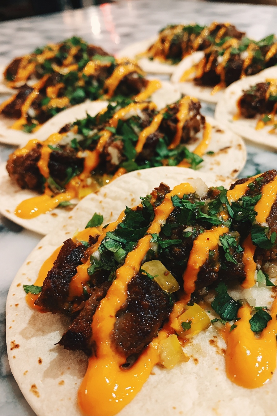 Garlic Honey BBQ Tacos, easy BBQ tacos, flavorful taco recipes, sweet smoky tacos, quick weeknight dinner ideas - A close-up of soft white tortillas each topped with a layer of dark brown cooked meat mixed with small yellow pieces, drizzled generously with an orange creamy sauce, and sprinkled with fresh green chopped herbs, all arranged in a row on a white marbled surface. photo taken with an iphone --ar 2:3 --v 7