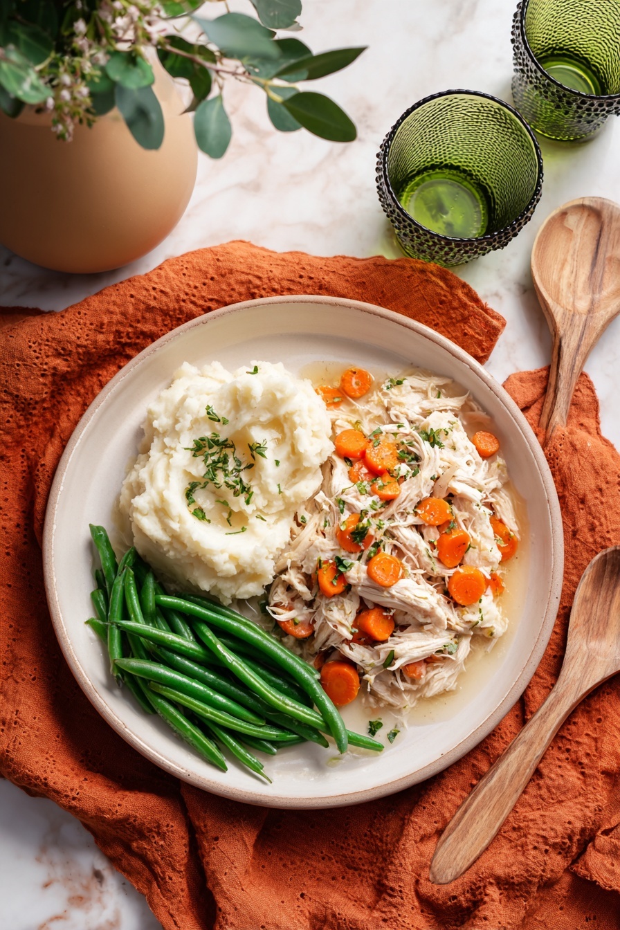 Slow Cooker Chicken Pot Roast, hearty chicken crockpot meal, easy slow cooker dinner, comforting chicken stew, flavorful chicken pot roast - A black ladle is lifting a spoonful of thick stew from a dark pot. The stew has shredded light brown meat mixed with soft, bright orange carrot slices and small bits of fresh green herbs on top. The stew is coated in a glossy, creamy sauce that makes the meat and carrots look tender and well cooked. The background shows more stew in the pot, with similar colors and chunky texture, all set against a white marbled surface. photo taken with an iphone --ar 2:3 --v 7