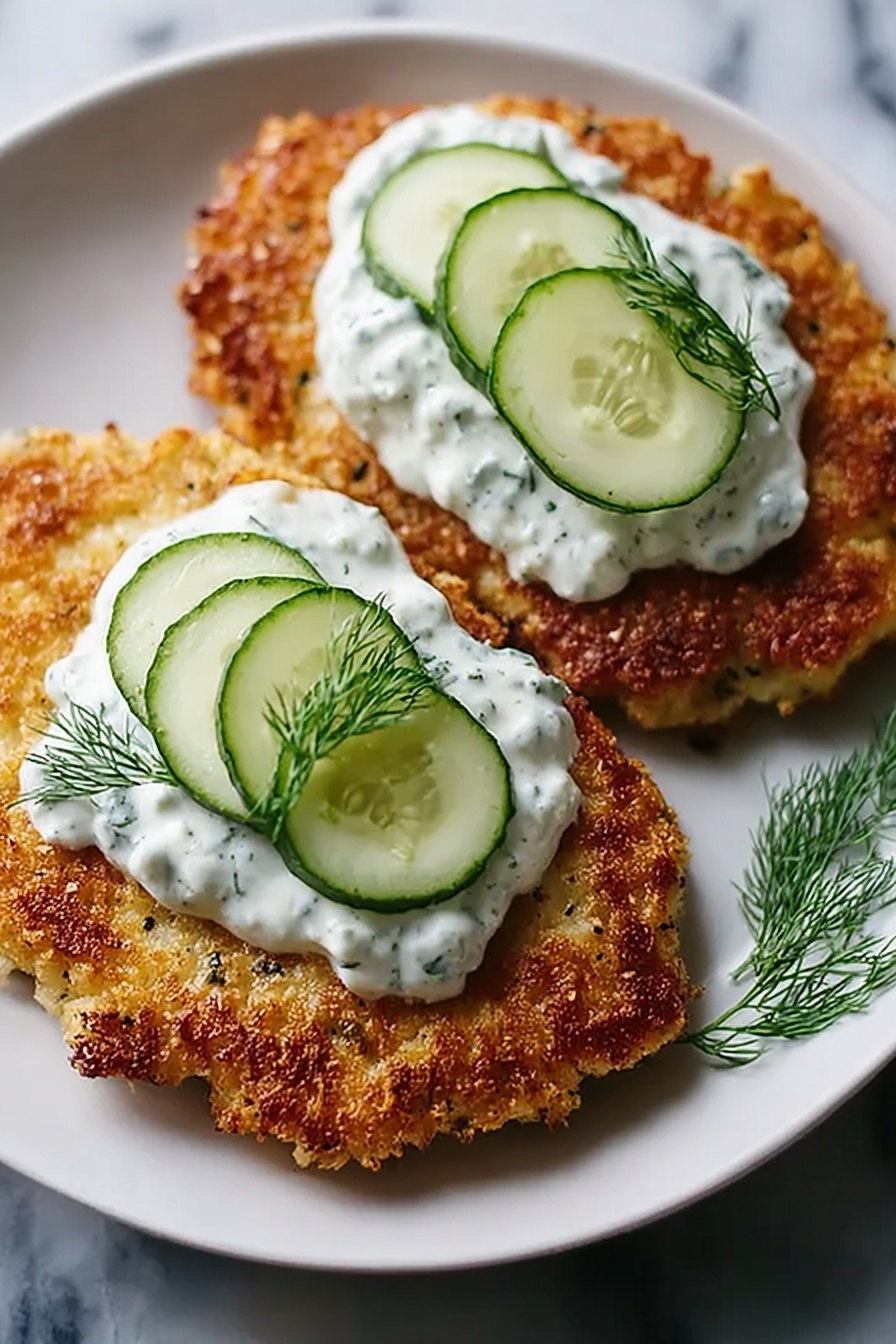 Crispy Dill Pickle Parmesan Chicken, crispy chicken with dill pickle marinade, cheesy Parmesan crust chicken, tangy pickle chicken recipe, easy fried chicken with Parmesan - A crispy golden brown fried cutlet with a crunchy texture forms the base layer, topped by a generous dollop of creamy white sauce speckled with green herbs and small yellow bits, garnished with a fresh sprig of green dill. Behind it is a second piece with the same crispy texture, and to the right are several thin slices of fresh cucumber showing dark green skin and pale green flesh with seeds. The food is arranged on a white plate set on a white marbled surface. photo taken with an iphone --ar 2:3 --v 7