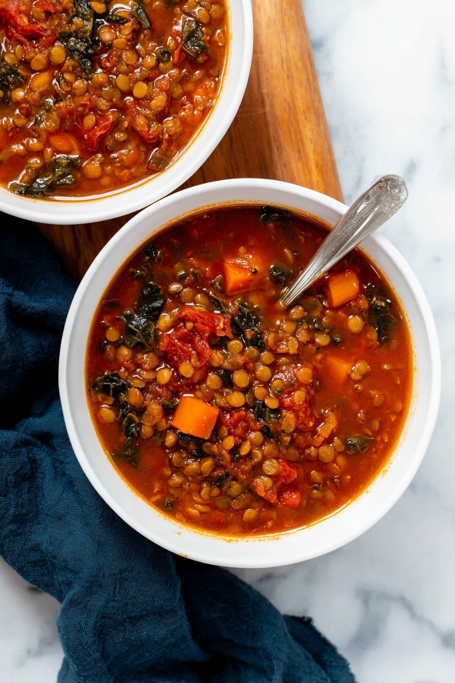 Hearty Lentil Soup with Kale and Spices, nourishing lentil soup, healthy kale and spice soup, comforting lentil and greens recipe, flavorful vegetarian soup - Two white bowls filled with thick lentil soup sit on a round wooden board over a white marbled surface. Each bowl contains a rich brown broth with visible chunks of orange carrots, red tomatoes, and green leafy vegetables. The lentils are scattered throughout, giving a textured look with small round shapes. One bowl shows a silver spoon dipped into the soup, partially covered by the liquid. A dark blue cloth napkin lies beside the bowls, and a half lemon is partially visible on the white marble background. The scene is brightly lit and inviting, photo taken with an iphone --ar 2:3 --v 7