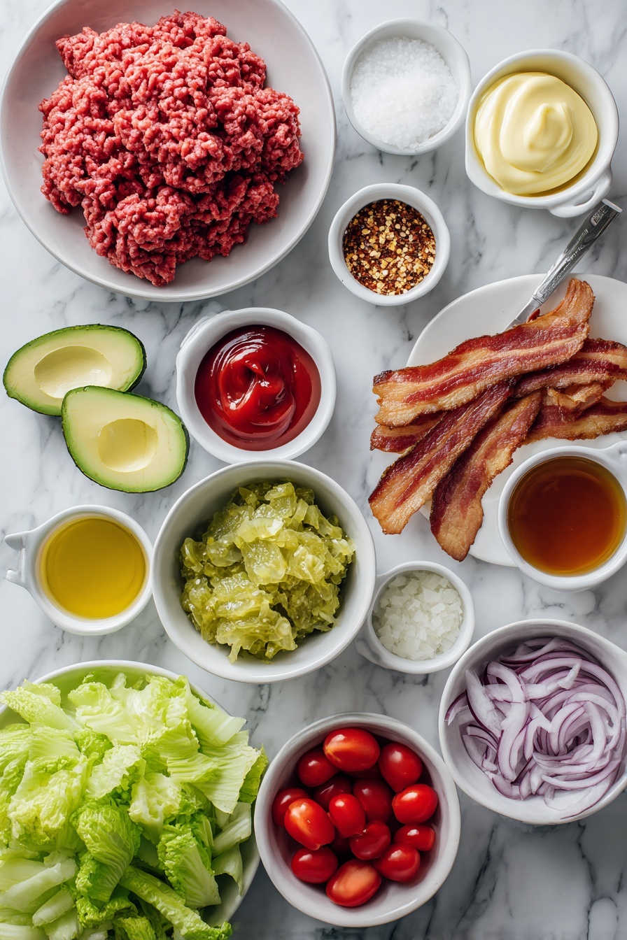 Loaded Burger Bowl with Special Sauce, burger bowl recipe, healthy burger bowl, easy burger bowl, savory dinner ideas - Flat lay of fresh lean ground beef shaped loosely in a mound, a small white ceramic bowl of pale yellow mayonnaise, a small white bowl with bright red ketchup, a small white bowl containing rich amber maple syrup, a small white bowl filled with green dill pickle relish, a small white bowl of light brown dried minced onion, a small white bowl with crushed red pepper flakes, a small white bowl of fine white salt, two medium ripe avocados halved and peeled with pits removed, a small white bowl of fresh lemon juice, a small white bowl of salt, a pile of thinly sliced vibrant red onions, two small heads of romaine lettuce with leaves roughly chopped, a cluster of halved glossy red cherry tomatoes, a small neat pile of pale green pickle chips, and several slices of thick-cut cooked bacon with crispy edges—all ingredients fresh and natural, arranged symmetrically in simple white ceramic bowls and plates, placed on a clean white marble surface, soft natural light, photo taken with an iPhone, professional food photography style, fresh ingredients, white ceramic bowls, no bottles, no duplicates, no utensils, no packaging --ar 2:3 --v 7 --p m7354615311229779997